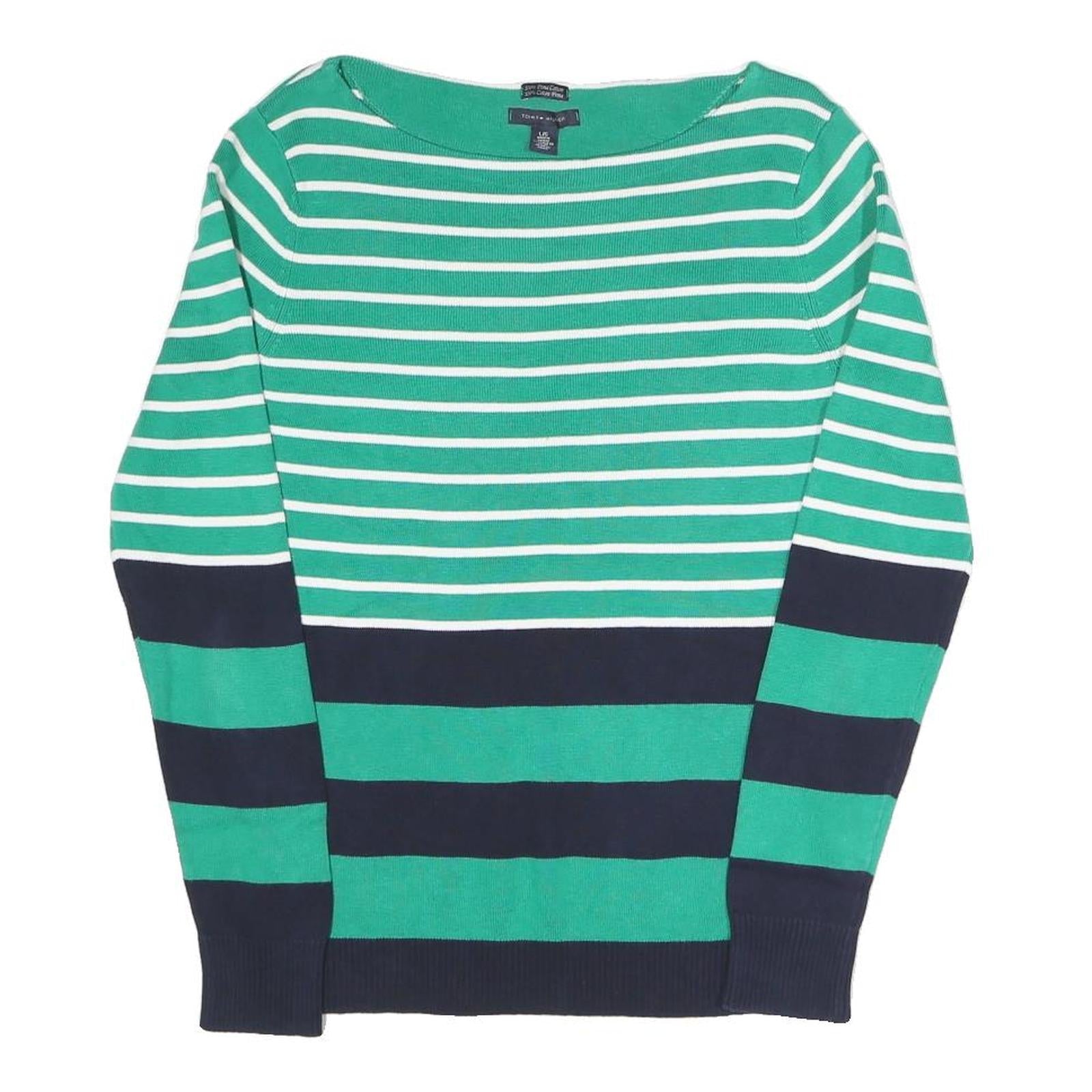 TOMMY HILFIGER Womens Green & White Striped Plain Boat Neck Basic Knit Jumper L Refurbished - N/A refurbished available on Cerqular
