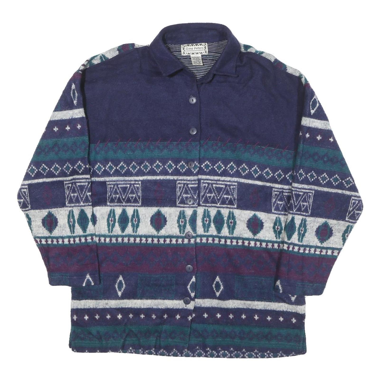 GINA PETERS Womens Blue & Green Patterned Jumper Collared Button Up Chunky Knit Refurbished - N/A refurbished available on Cerqular