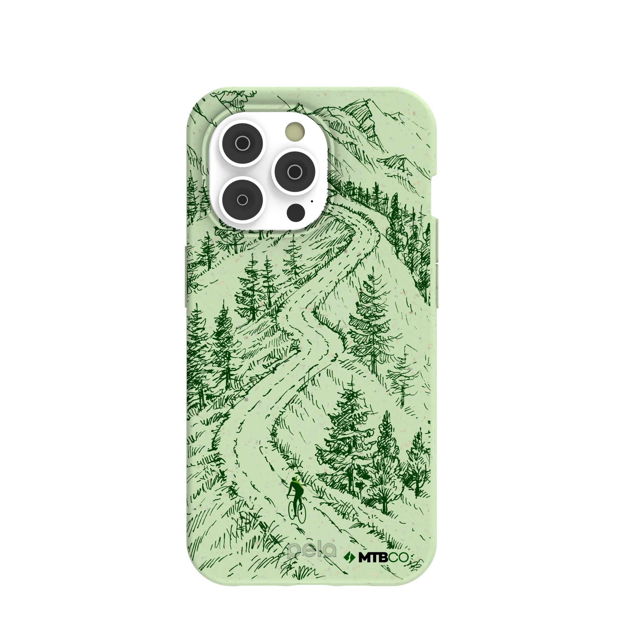 Sage Green Into the Mountains MTBCO iPhone 14 Pro Case Refurbished - Pela Case refurbished available on Cerqular