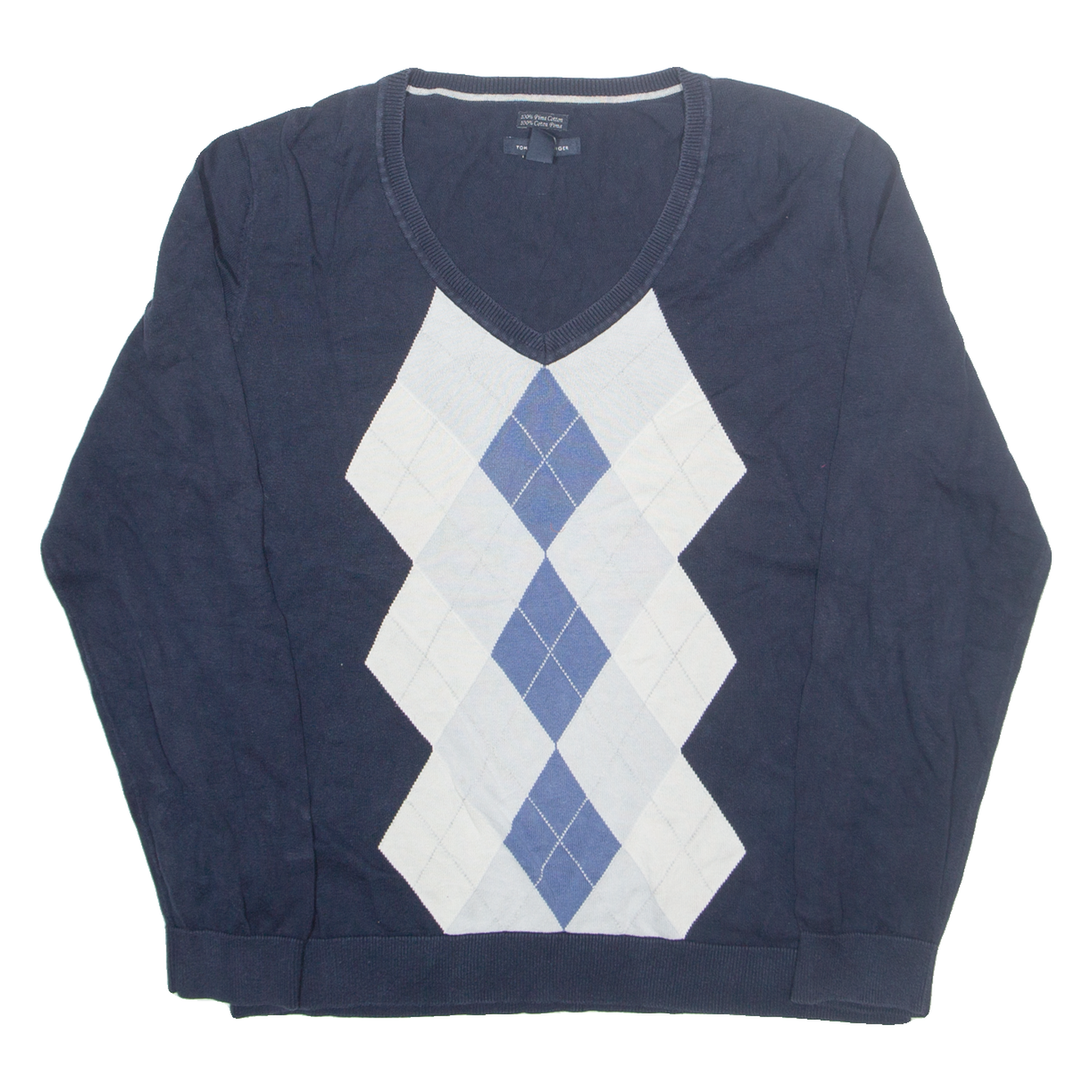 TOMMY HILFIGER Mens Jumper Blue Argyle V-Neck Tight Knit XL Refurbished - N/A refurbished available on Cerqular
