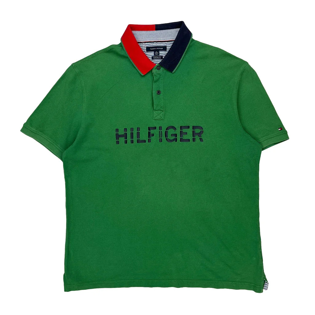 Tommy Hilfiger Spellout Polo Shirt - XL Navy Cotton Refurbished - Thrifted (note: this is a term often used to describe second- refurbished available on Cerqular