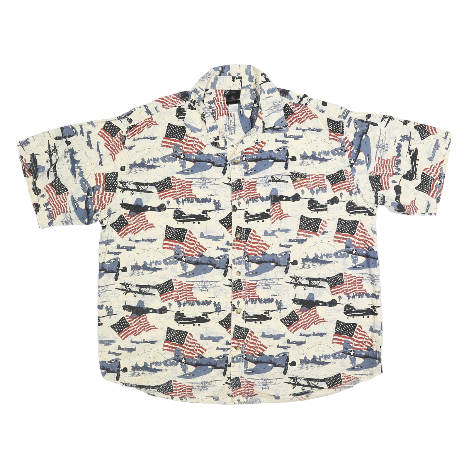 KING UNIVERSAL Mens White & Blue Cotton Short Sleeve Shirt L Americana Print Refurbished - N/A refurbished available on Cerqular