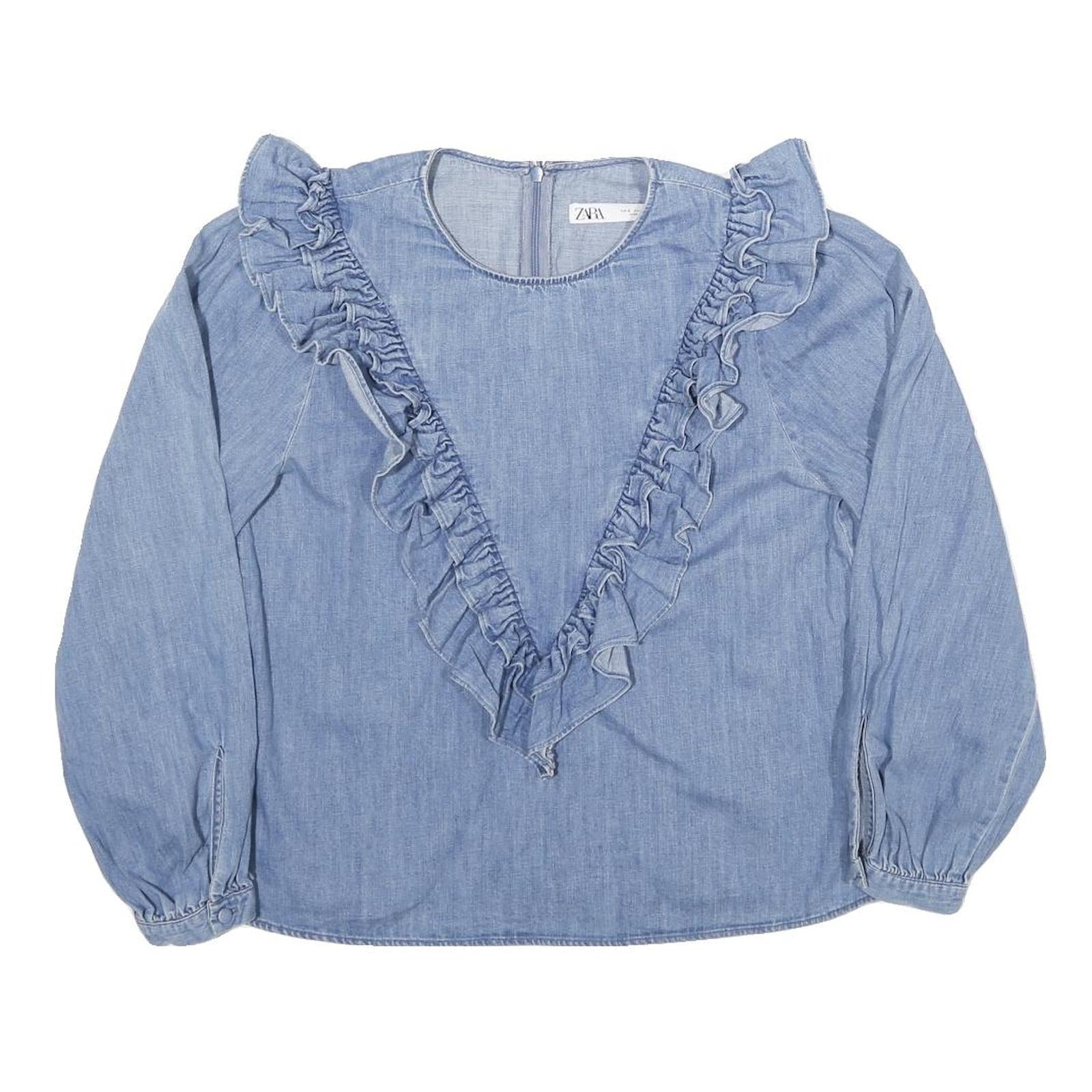 ZARA Womens Blue Cotton Blend Ruffle Detail Blouse Long Sleeve Round Neck S Refurbished - N/A refurbished available on Cerqular