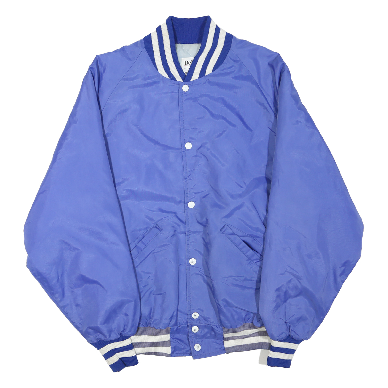 DELONG Mens Blue & White Varsity Button Jacket L Polyester Blend Ribbed Refurbished - N/A refurbished available on Cerqular