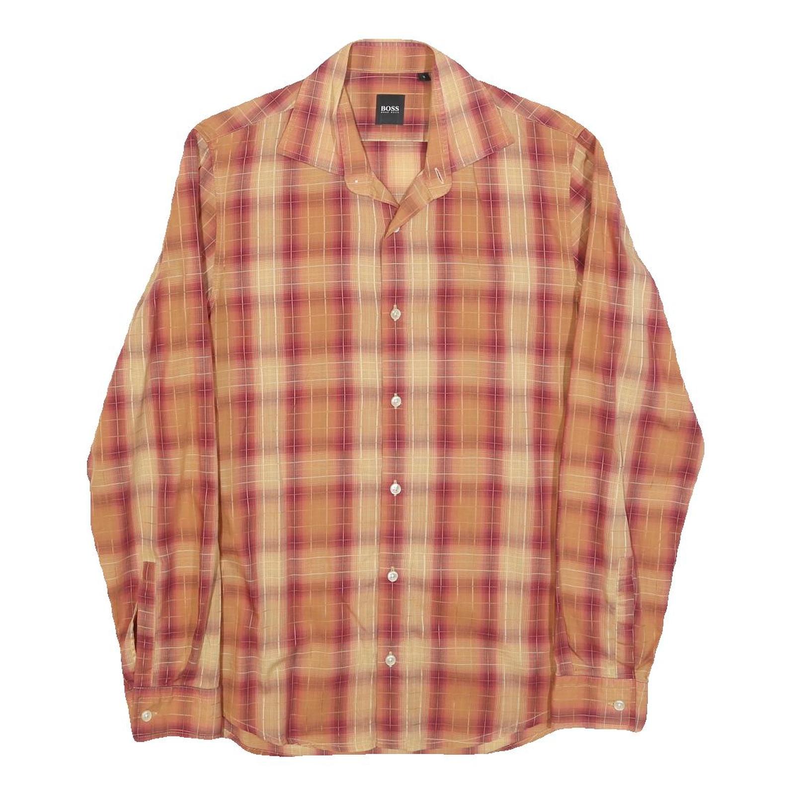 HUGO BOSS Mens Beige & Maroon Check Shirt S Cotton Blend Button Collar Long Refurbished - N/A refurbished available on Cerqular
