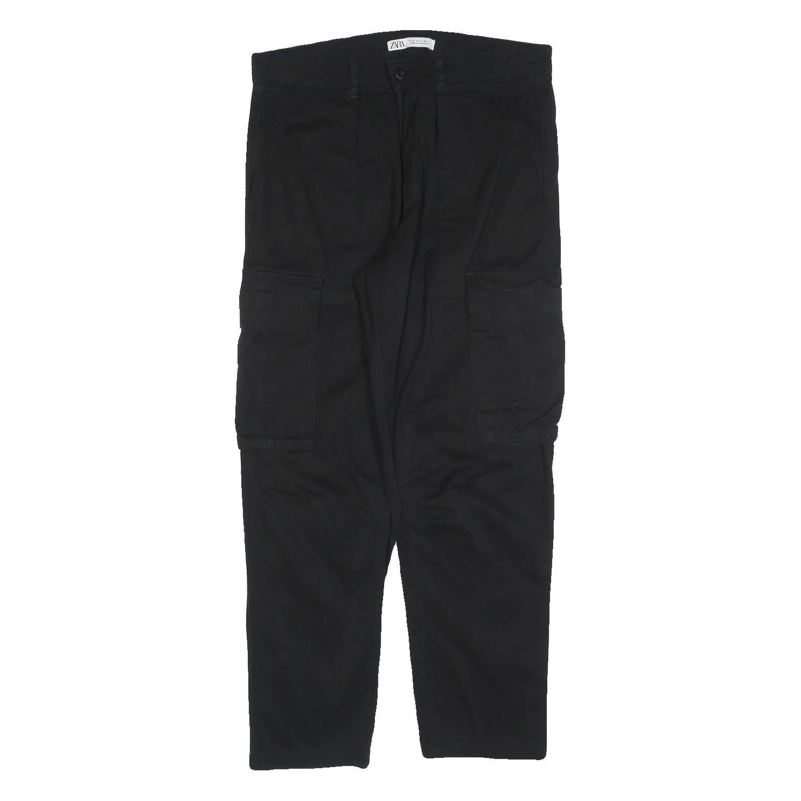 ZARA Womens Black Cotton Blend Regular Cargo Trousers W31 L28 Stylish Zip Refurbished - N/A refurbished available on Cerqular