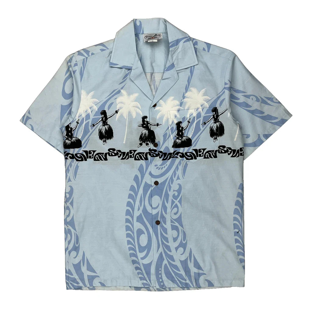 Pacific Legend Apparel Graphic Hawaiian Shirt - Small Blue Cotton Refurbished - Thrifted (note: this is a term often used to describe second- refurbished available on Cerqular