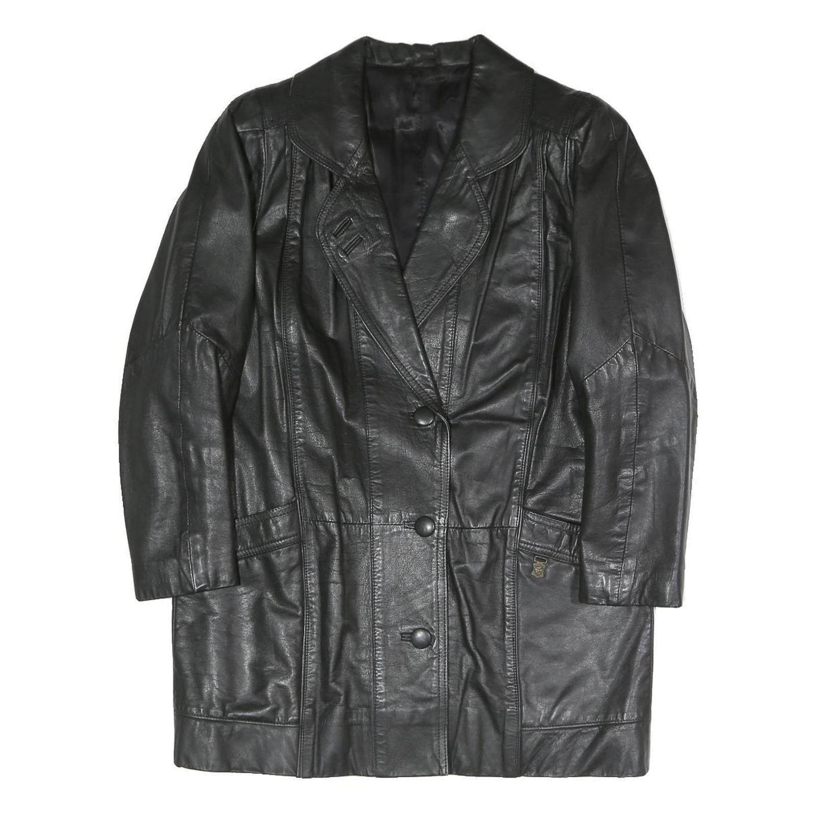Womens Black Faux Leather Button Jacket L Woven Classic Stylish Outerwear Refurbished - N/A refurbished available on Cerqular