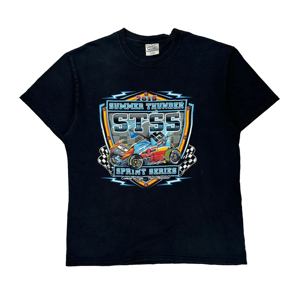 Summer Thunder Sprint Series Port & Company Graphic T-Shirt - Large Black Cotton Refurbished - Thrifted (note: this is a term often used to describe second- refurbished available on Cerqular