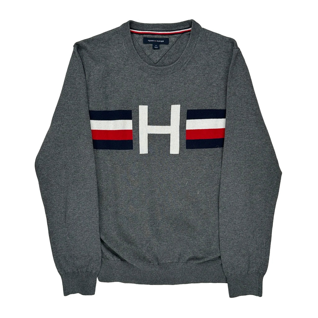 Tommy Hilfiger Striped Jumper - Medium Grey Cotton Refurbished - Thrifted (note: this is a term often used to describe second- refurbished available on Cerqular