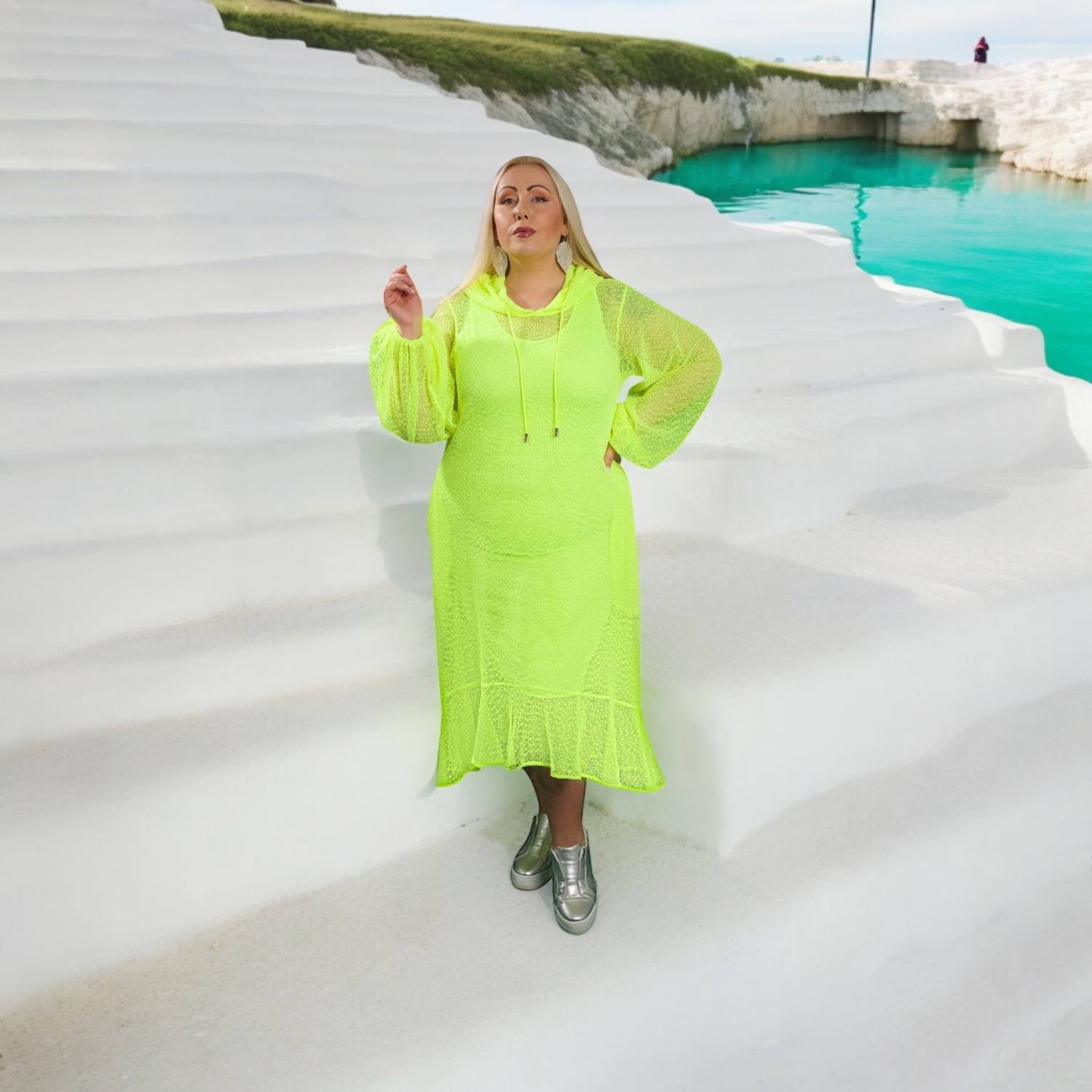 Aphrodite Neon Lime Holiday Resort Midi Dress With Hoodie -Inclusive Plus Size up to UK 16 / US 12 | Size: Size UK 18/ US 14 | Color: Lime Refurbished - N/A refurbished available on Cerqular