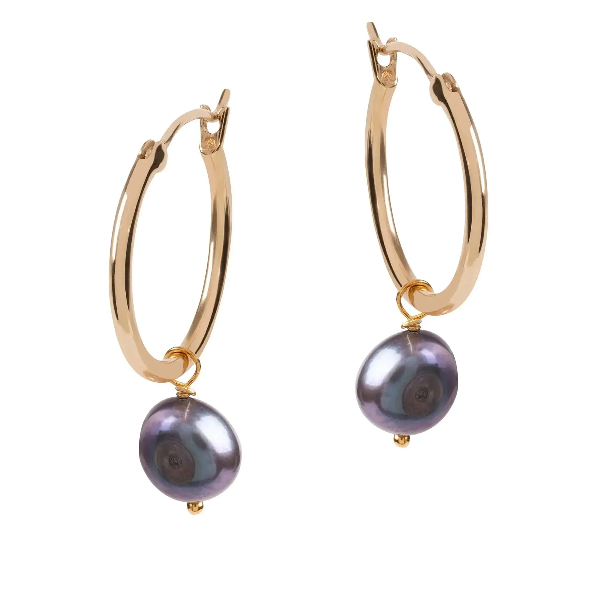 Venus Gold Hoop Earrings with Dark Grey Pearl Charm | Size: Small Refurbished - Amadeus (This could refer to multiple things, such as the 1 refurbished available on Cerqular