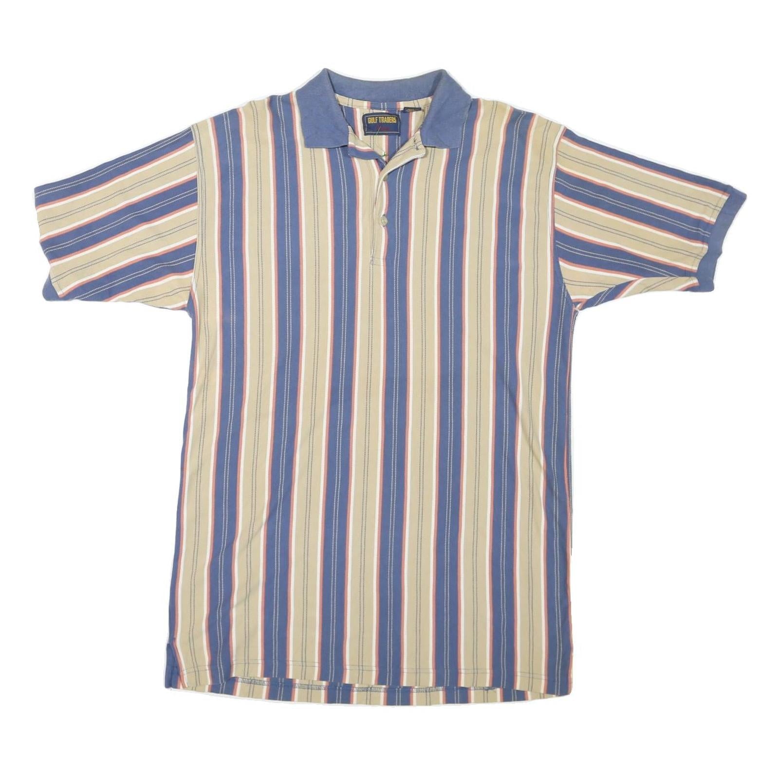 GULF TRADERS Mens Blue & Beige Striped Short Sleeve Polo Shirt L Cotton Blend Refurbished - N/A refurbished available on Cerqular