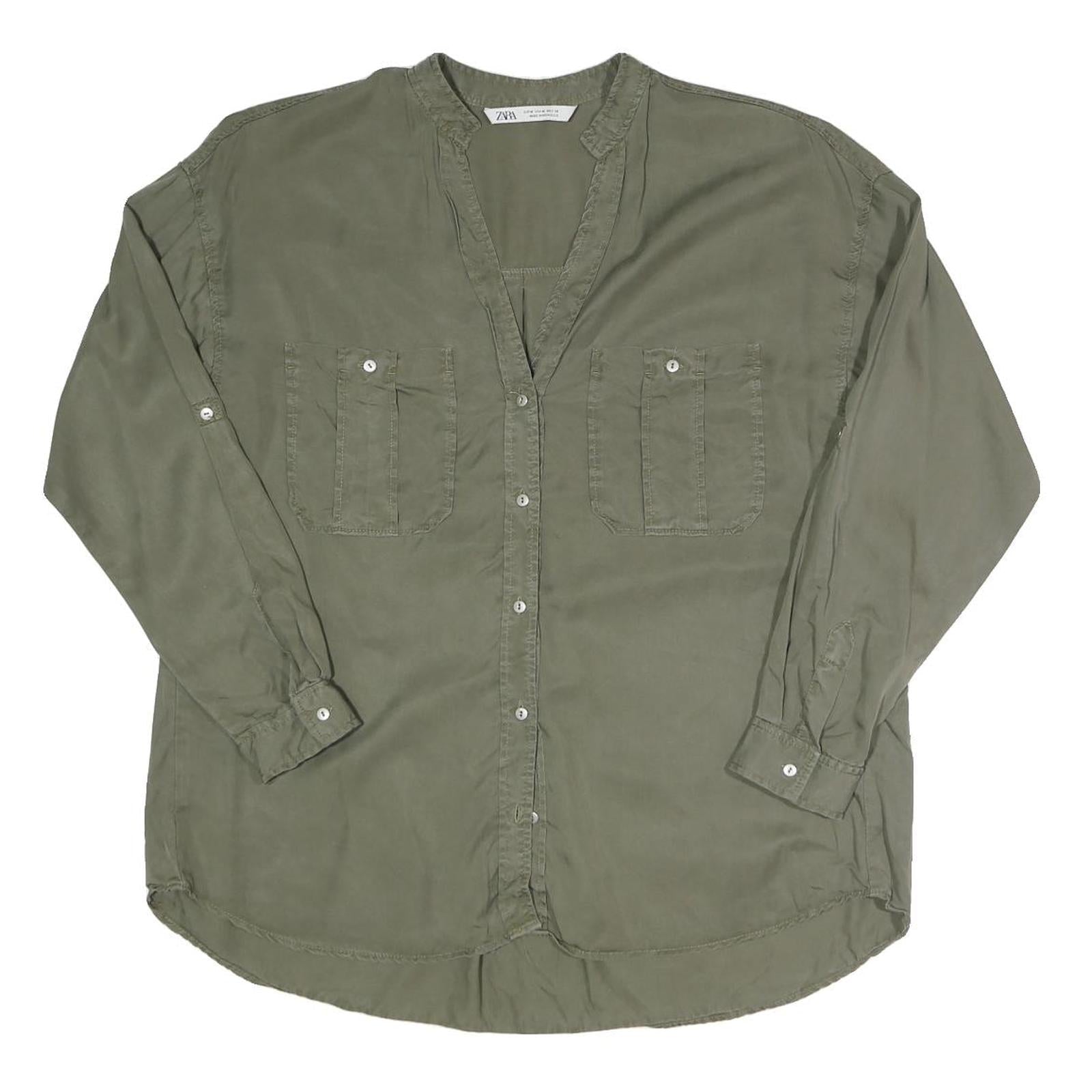 ZARA Womens Green Basic Long Sleeve Button Neck Shirt M Casual Cotton Blend Top Refurbished - N/A refurbished available on Cerqular