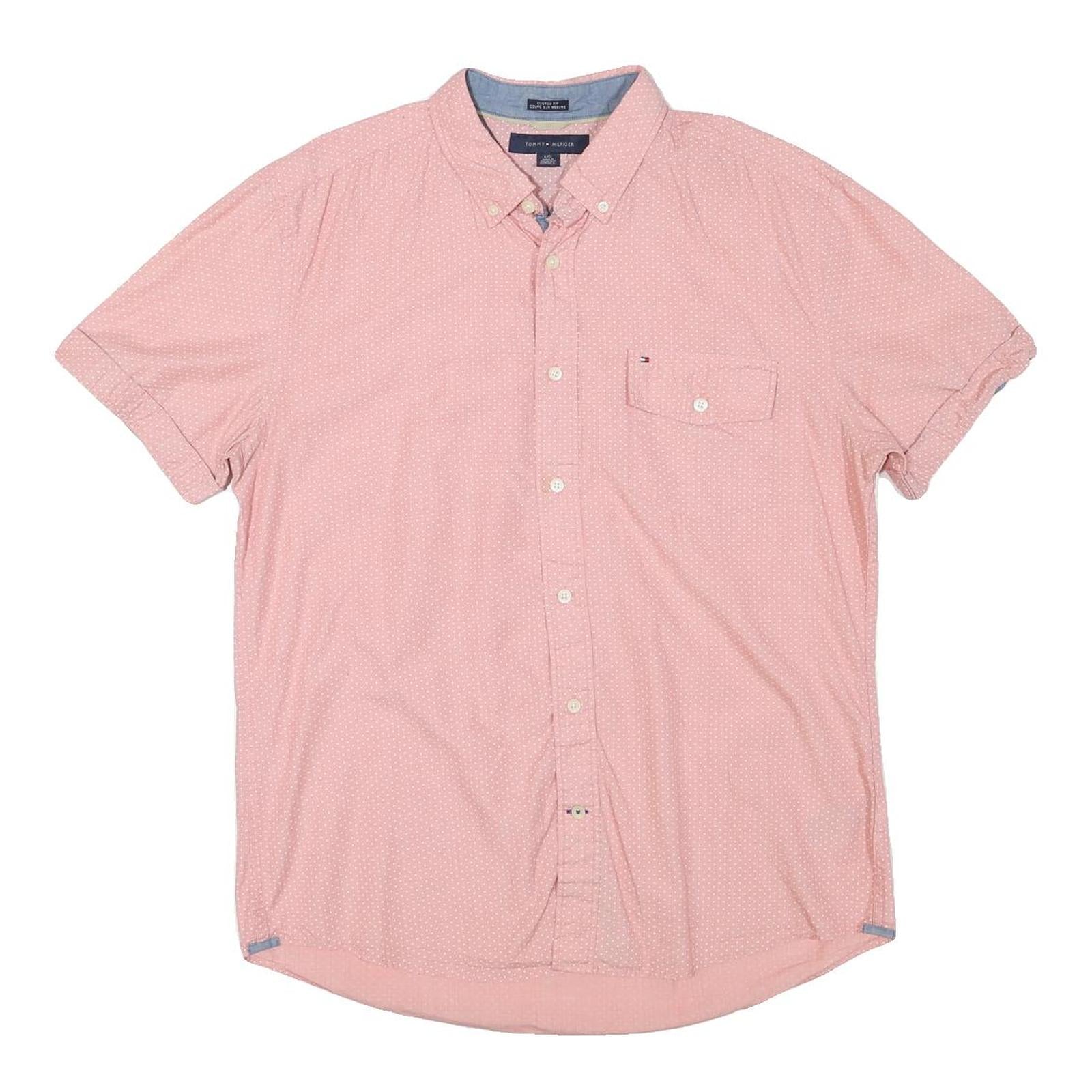 TOMMY HILFIGER Mens Pink & White Short Sleeve Cotton Blend Shirt L Button Down Refurbished - N/A refurbished available on Cerqular