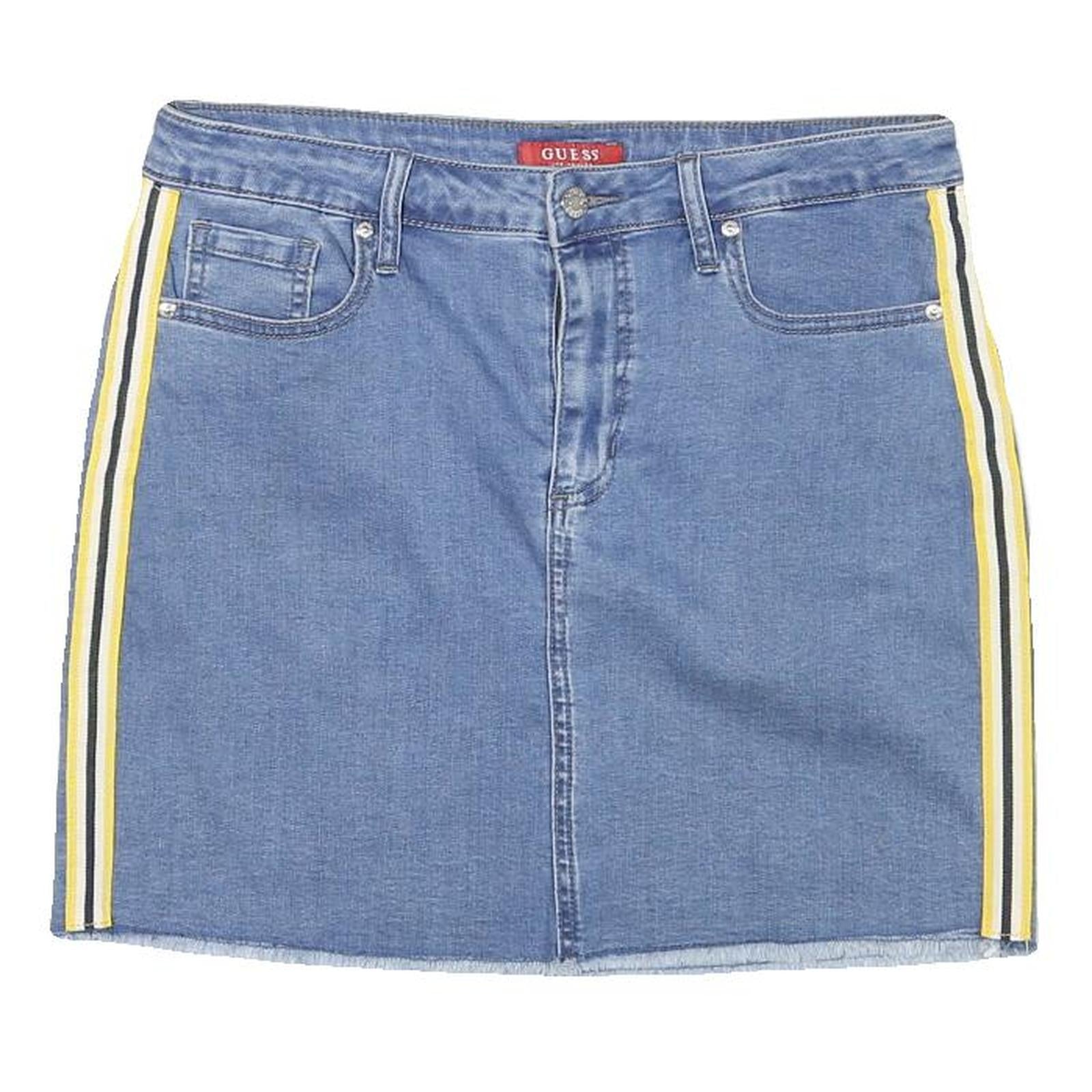 GUESS Womens Blue Denim Mini Cotton Blend Skirt L Striped Side Detailing Casual Refurbished - N/A refurbished available on Cerqular