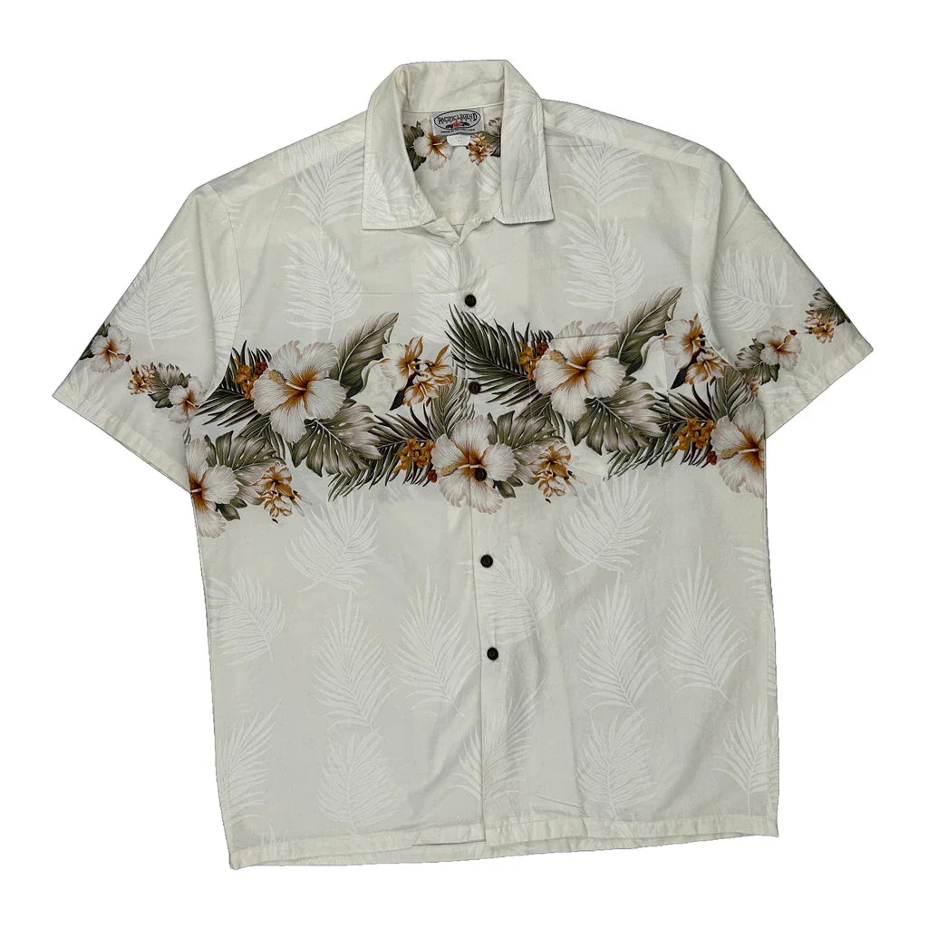 Pacific Legend Apparel Floral Hawaiian Shirt - Large Cream Cotton Refurbished - Thrifted (note: this is a term often used to describe second- refurbished available on Cerqular