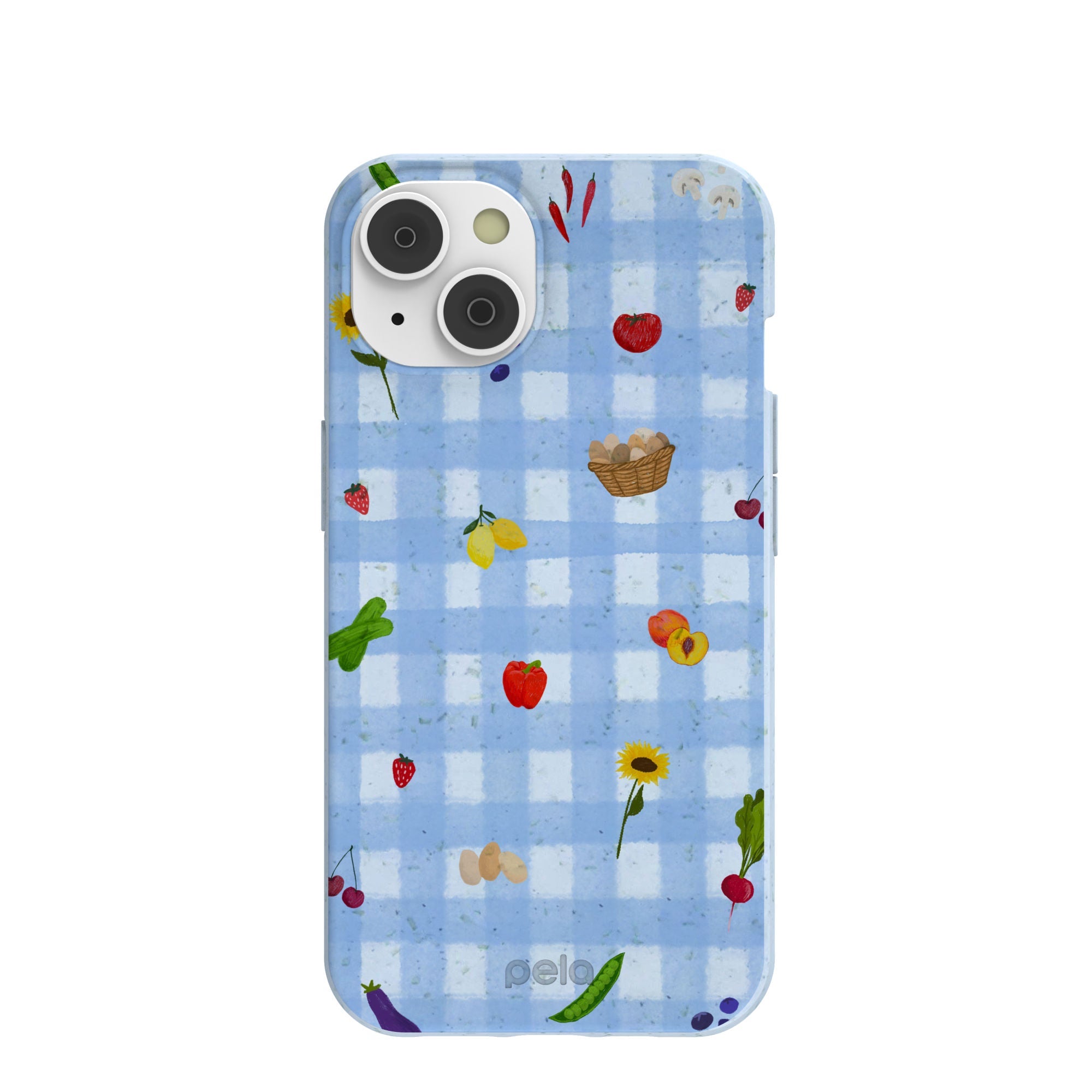 Powder Blue Gingham Farmhouse iPhone 14/16e Case Refurbished - Pela Case refurbished available on Cerqular