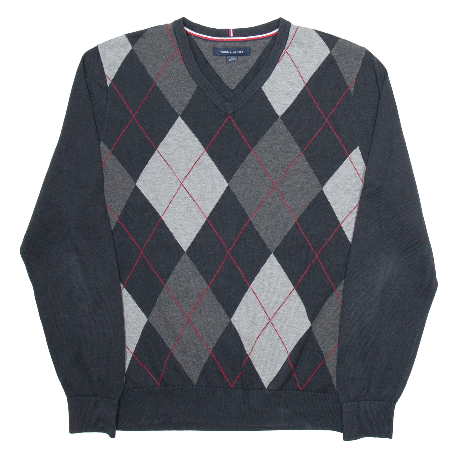 TOMMY HILFIGER Mens Jumper Grey Argyle V-Neck Tight Knit M Refurbished - N/A refurbished available on Cerqular