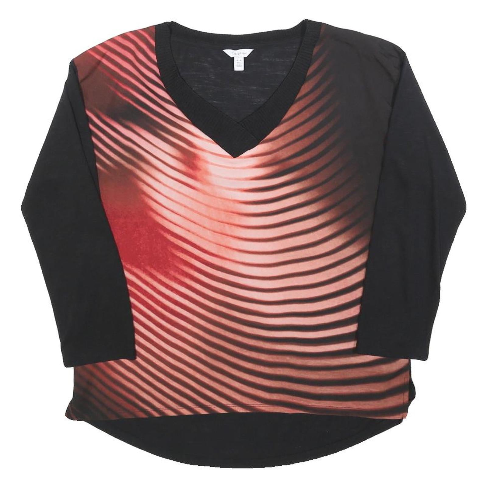 CALVIN KLEIN Womens Black & Red Printed Top Long Sleeve V-Neck M Lightweight Refurbished - N/A refurbished available on Cerqular