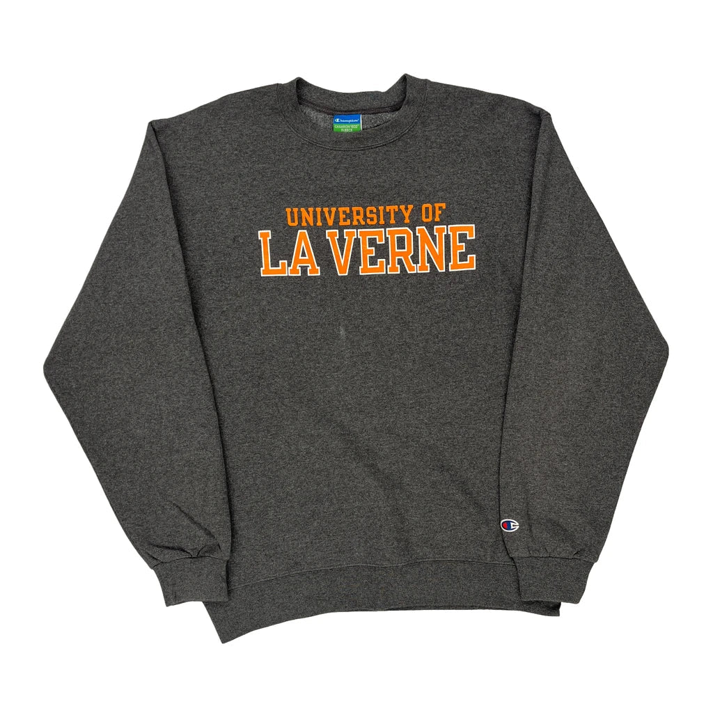 University Of La Verne Champion College Sweatshirt - Medium Grey Cotton Blend Refurbished - Thrifted (note: this is a term often used to describe second- refurbished available on Cerqular