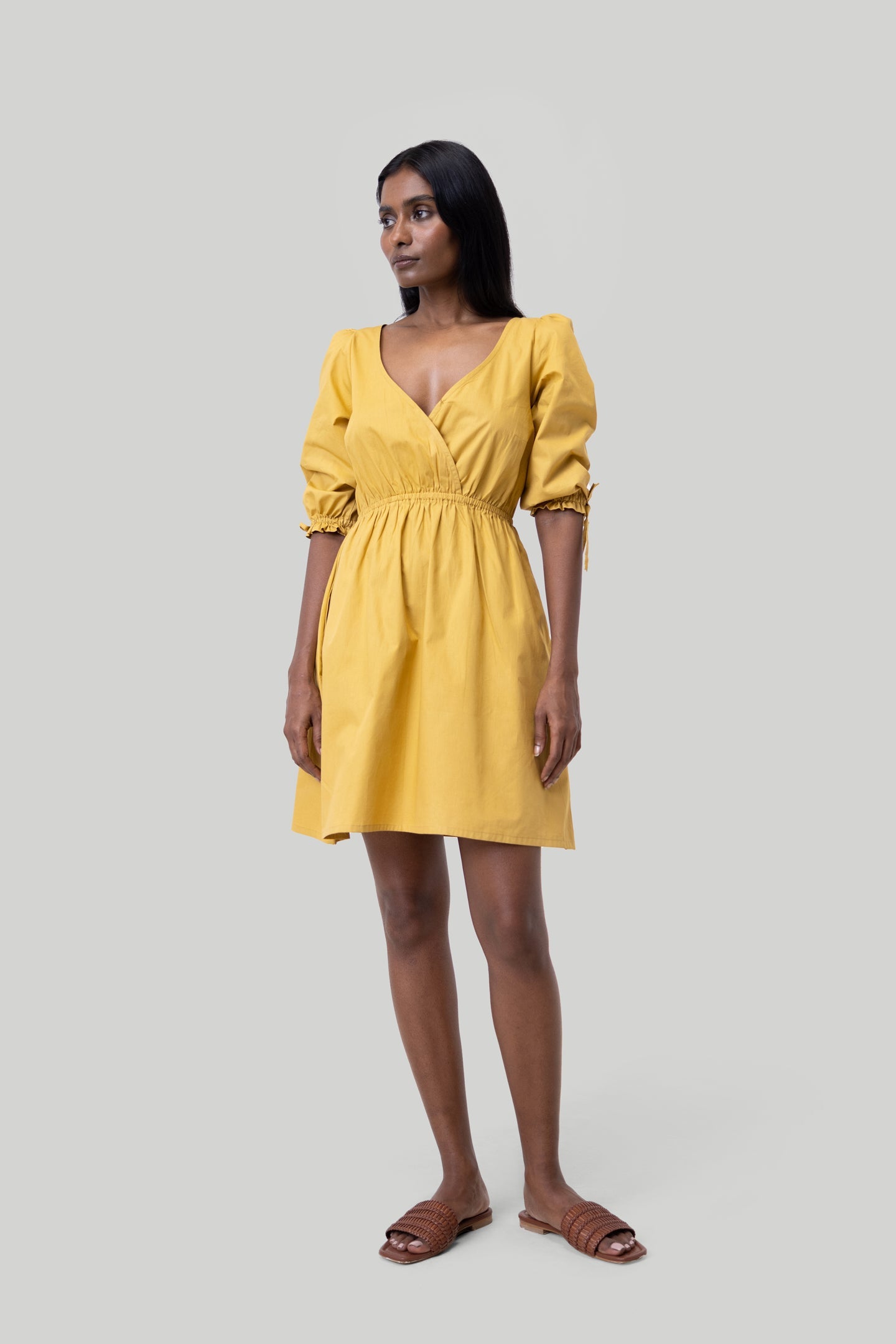 Gathered Elbow Sleeve Short Dress in Mustard | Color: Tuscan Sun | Size: XL Refurbished - Resistor (Note: This is a generic term for an electronic component, refurbished available on Cerqular