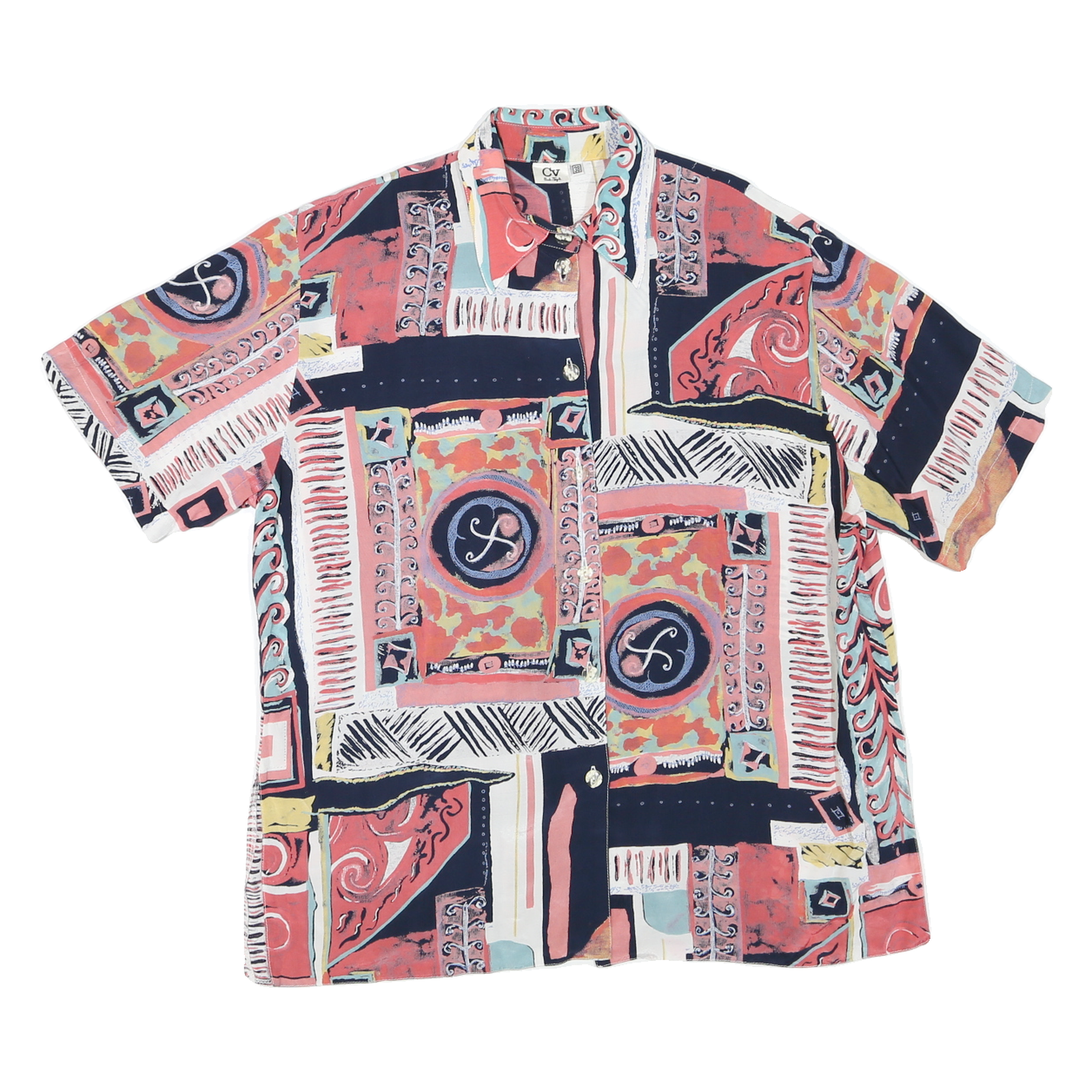 CV Womens Navy & Coral Artistic Print Shirt XL Button Down Short Sleeve Summer Refurbished - N/A refurbished available on Cerqular