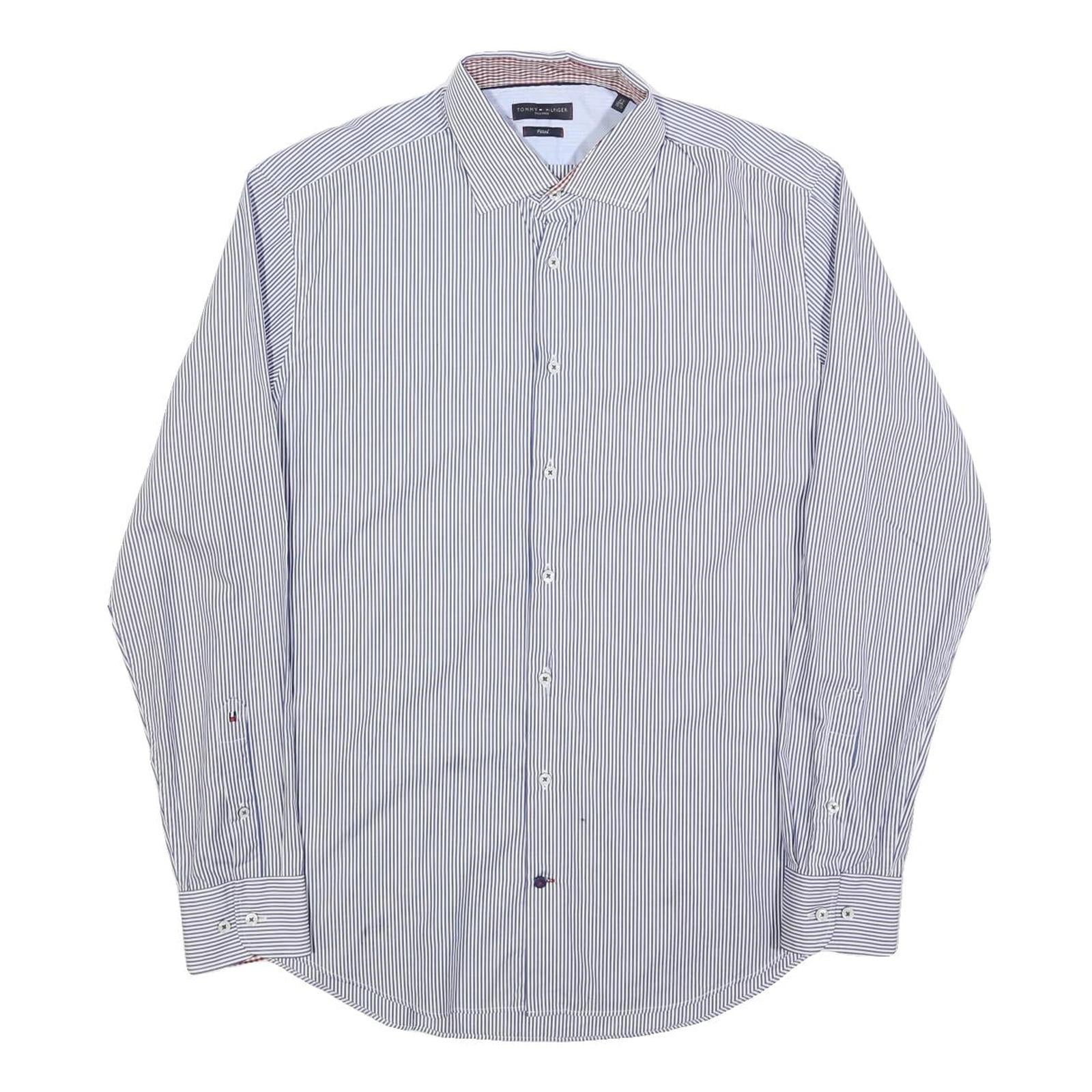 TOMMY HILFIGER Mens Blue & White Striped Shirt M Cotton Blend Long Sleeve Button Refurbished - N/A refurbished available on Cerqular