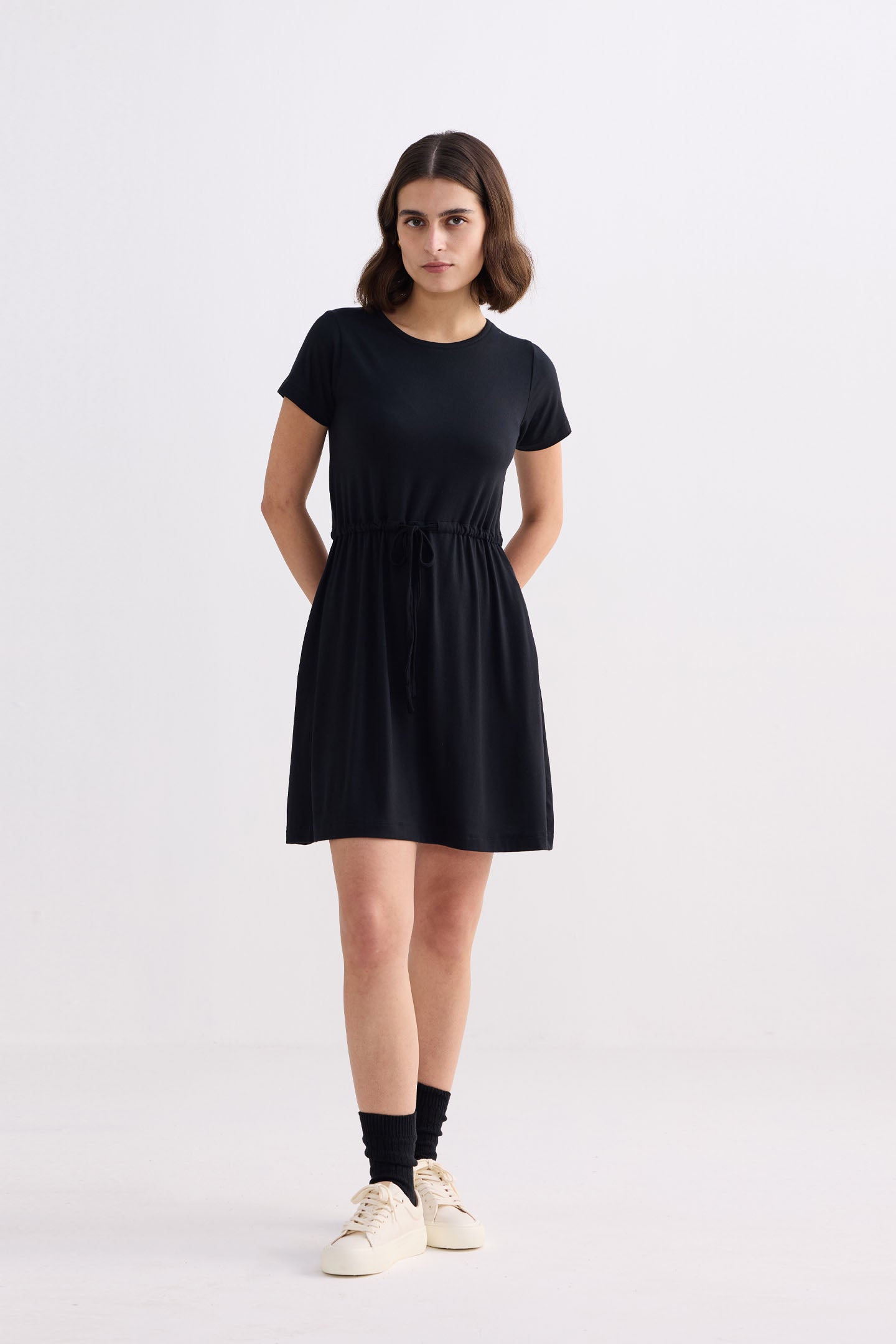 Drawstring Short T-shirt Dress in Black | Color: Black | Size: S Refurbished - Resistor (Note: This is a generic term for an electronic component, refurbished available on Cerqular