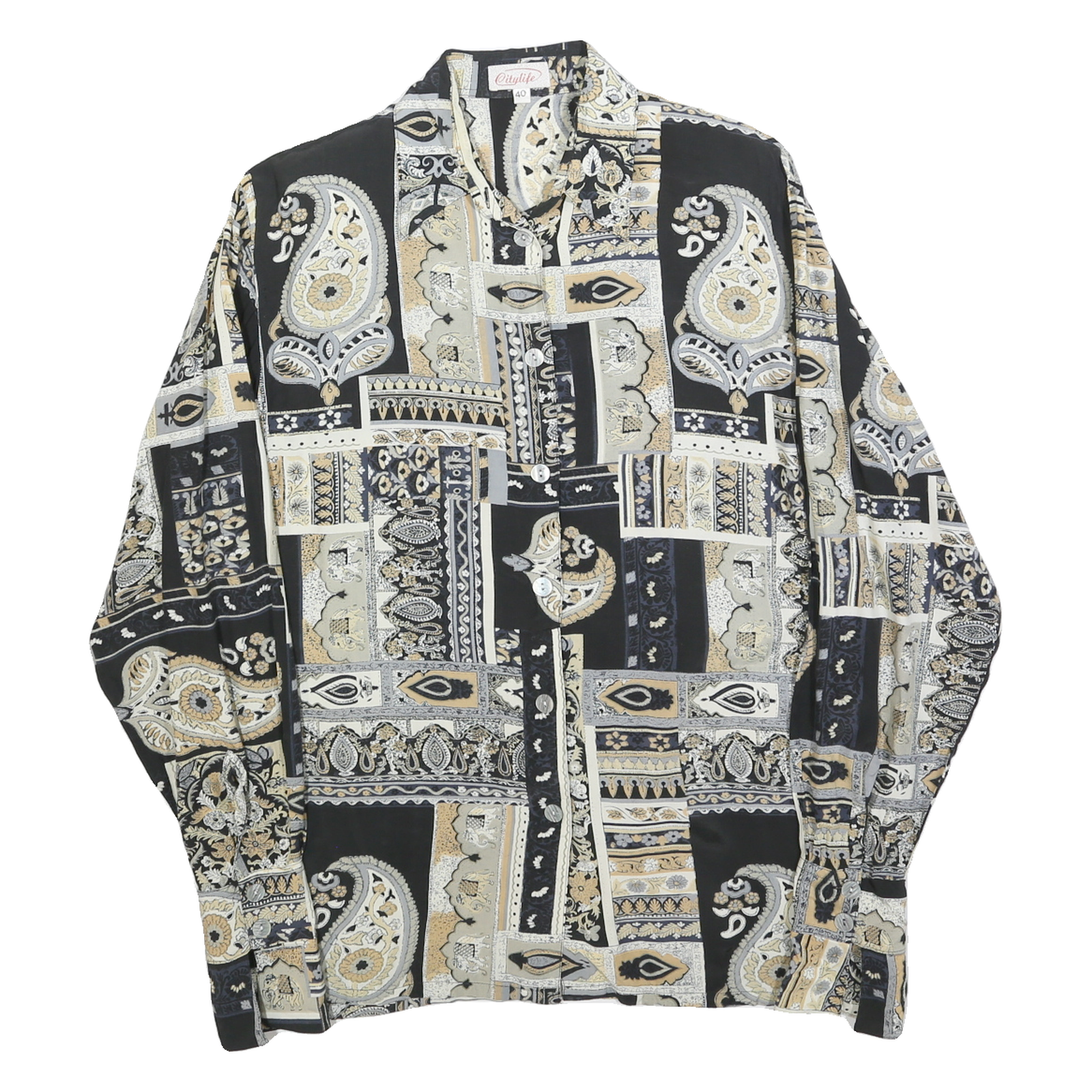 CITY LIFE Womens Black & Beige Paisley Print Shirt Long Sleeve Collared L Refurbished - N/A refurbished available on Cerqular