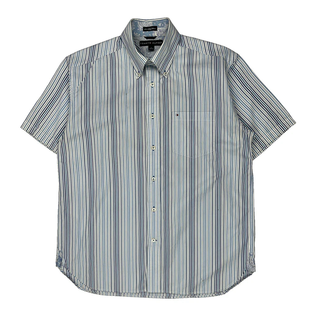 Tommy Hilfiger Striped Short Sleeve Shirt - Medium Blue Cotton Refurbished - Thrifted (note: this is a term often used to describe second- refurbished available on Cerqular