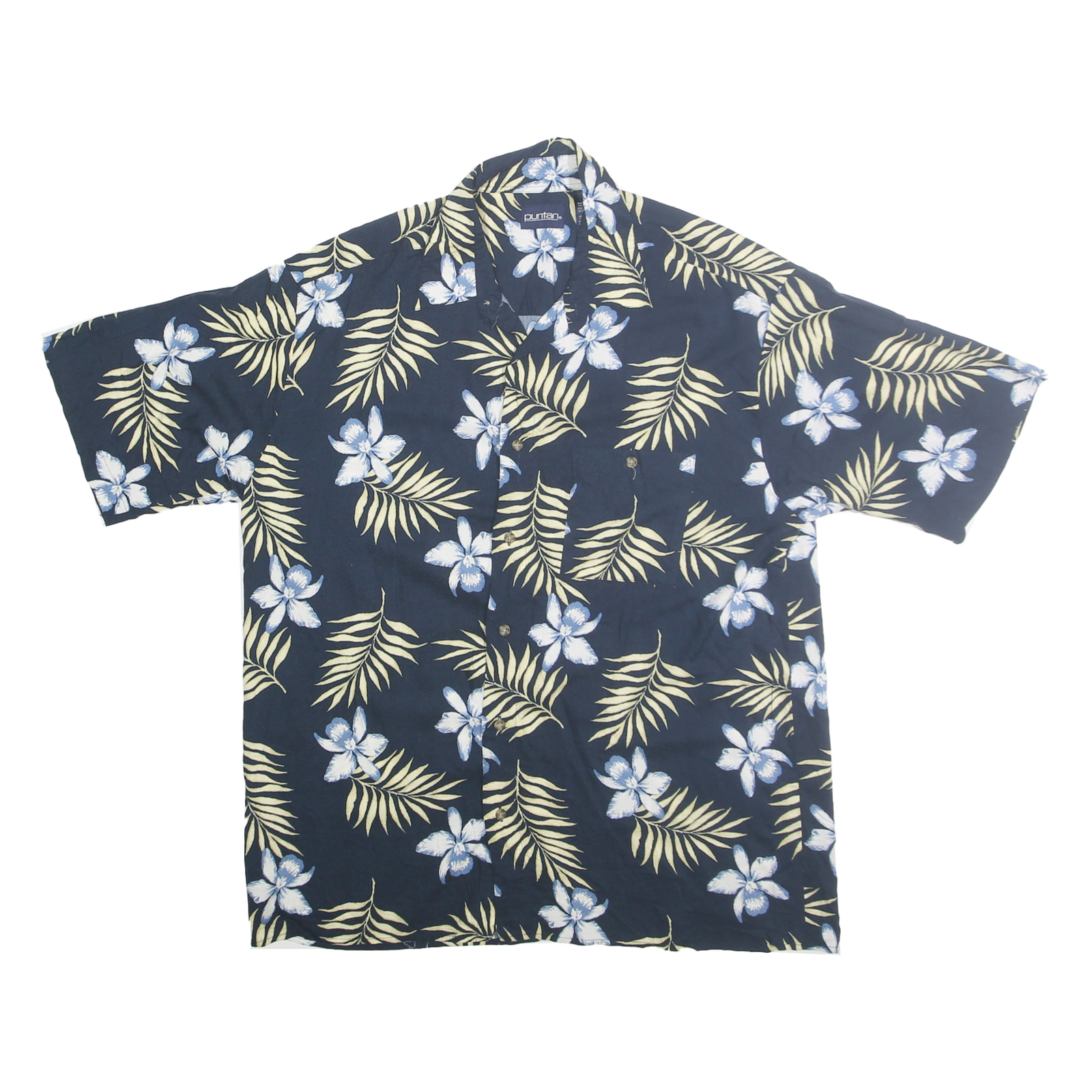 PURITAN Mens Navy Blue & Cream Floral Pattern Shirt L Viscose Summer Wear Refurbished - N/A refurbished available on Cerqular
