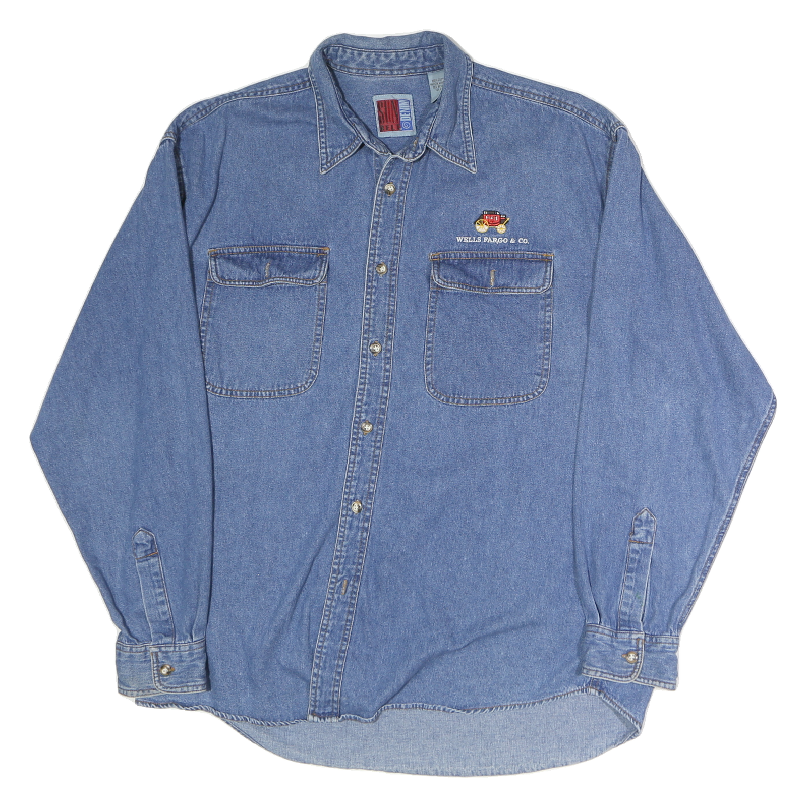 SUNBELT Mens Blue Denim Cotton Shirt L Wells Fargo Logo Long Sleeve Casual Refurbished - N/A refurbished available on Cerqular