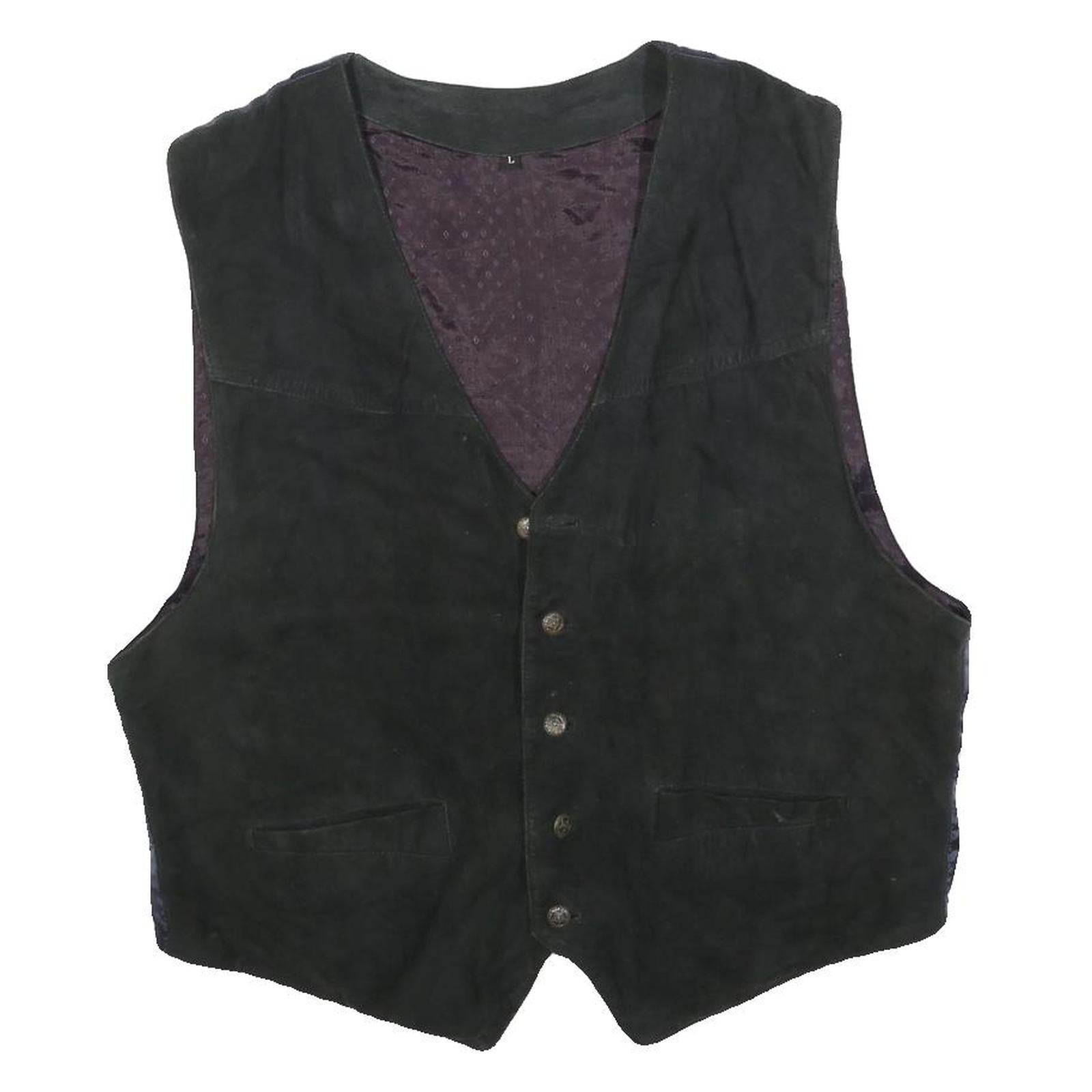Mens Black Leather Button Jacket L Vest Plain Classic Fit Stylish Refurbished - N/A refurbished available on Cerqular