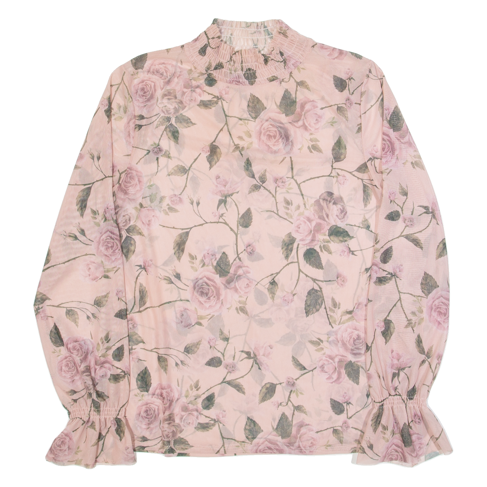 AMISU Mesh Womens Oversized Top Pink High Neck Long Sleeve Floral XS Refurbished - N/A refurbished available on Cerqular
