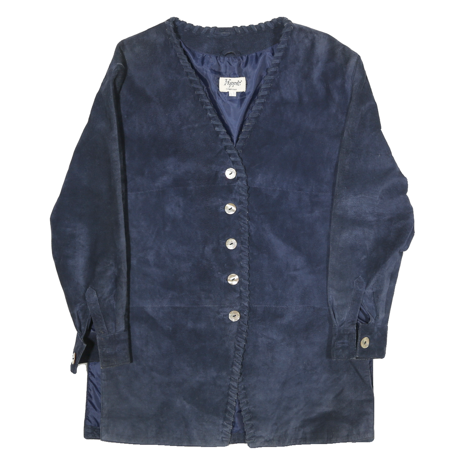 KIPPIE Womens Blue Leather Button Jacket UK 10 Plain Long Sleeve Classic Refurbished - N/A refurbished available on Cerqular