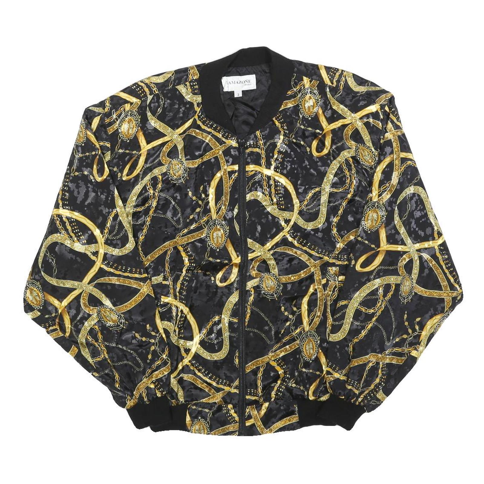 AMAZONE Womens Black & Gold Jacket L Viscose Chain Print Bomber Zip Fastening Refurbished - N/A refurbished available on Cerqular