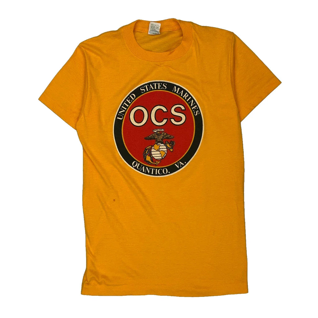 United States Marines Ocs Quantico, Va Anvil Graphic T-Shirt - Medium Yellow Cotton Blend Refurbished - Thrifted (note: this is a term often used to describe second- refurbished available on Cerqular
