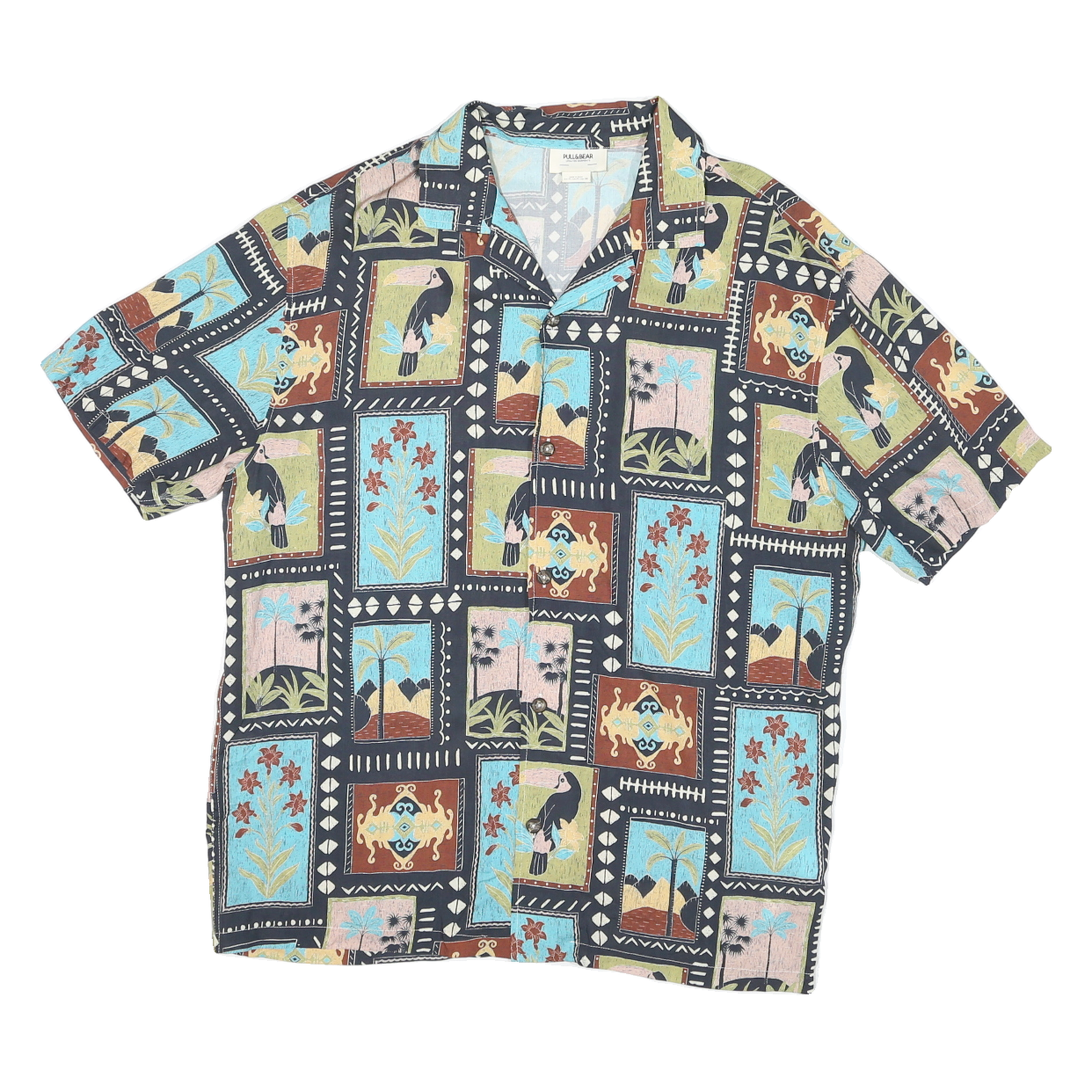 PULL & BEAR Mens Black Blue Green Printed Silk Shirt M Casual Relaxed Fit Refurbished - N/A refurbished available on Cerqular