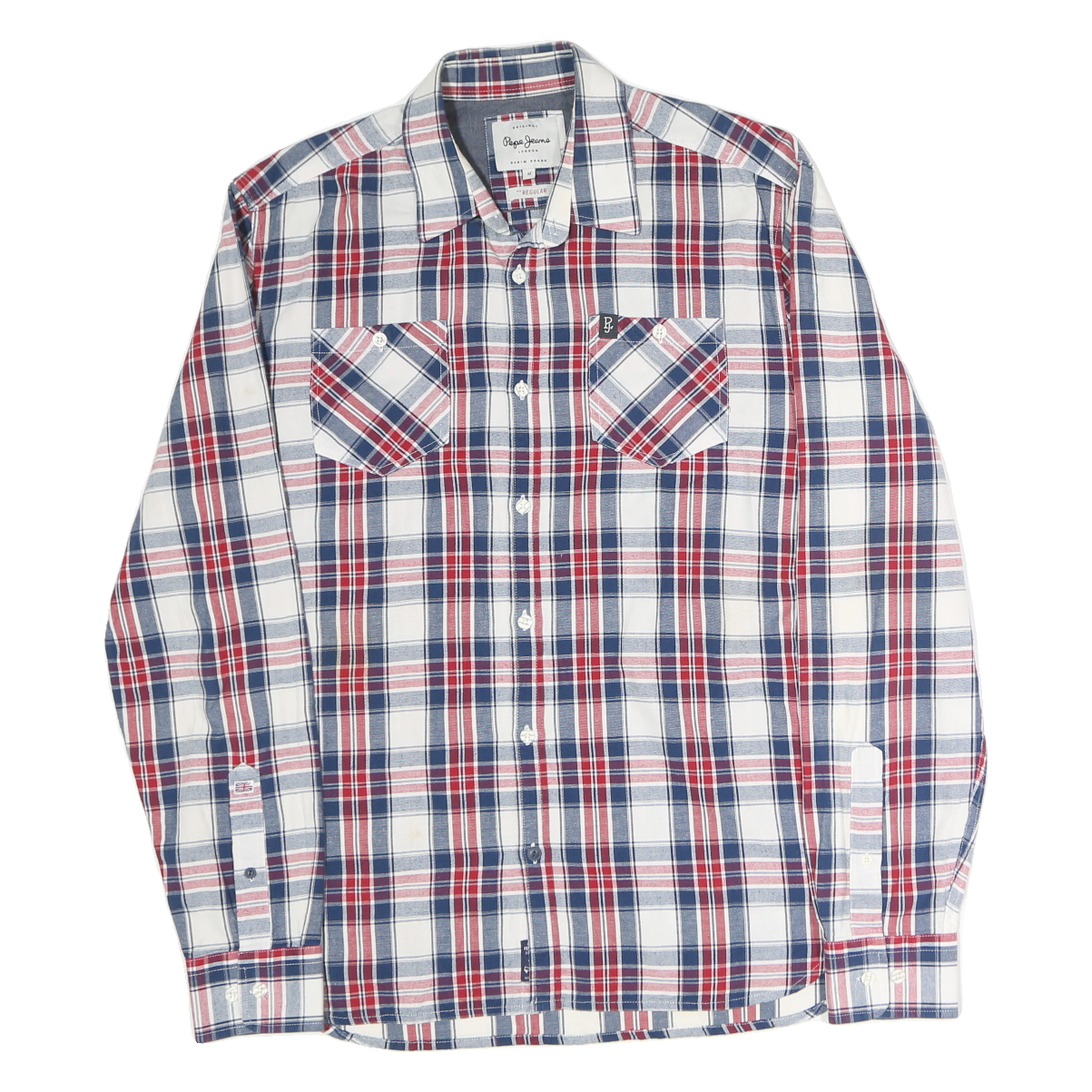 PEPE JEANS Mens White & Blue Check Shirt M Casual Cotton Long Sleeve Button Down Refurbished - N/A refurbished available on Cerqular