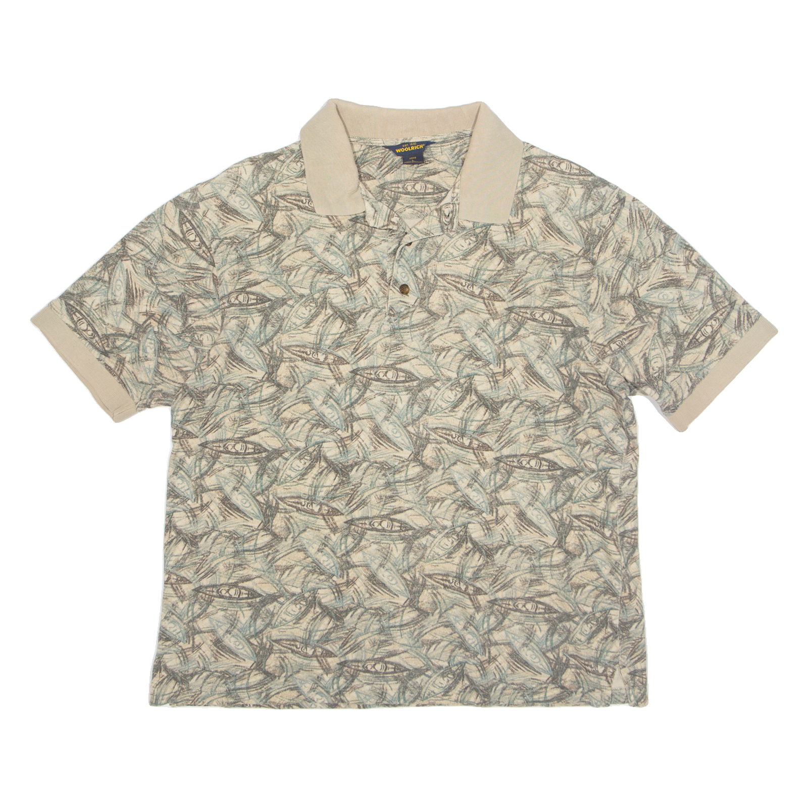 WOOLRICH Mens Polo Shirt Beige 90s Crazy Pattern L Refurbished - N/A refurbished available on Cerqular
