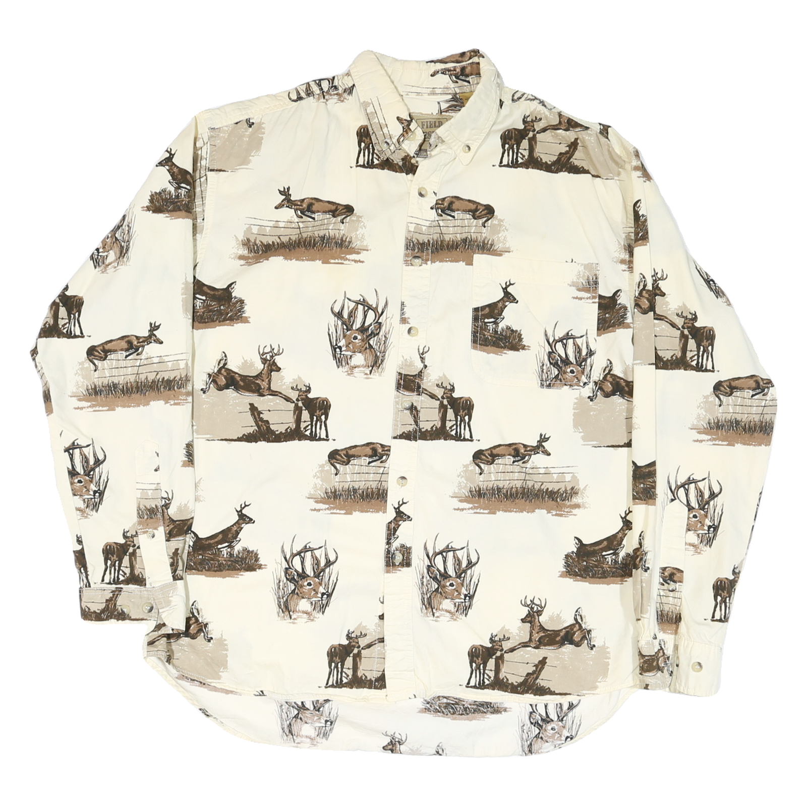 FIELD TESTED Mens Cream & Brown Deer Print Cotton Blend Shirt M Button-Down Refurbished - N/A refurbished available on Cerqular