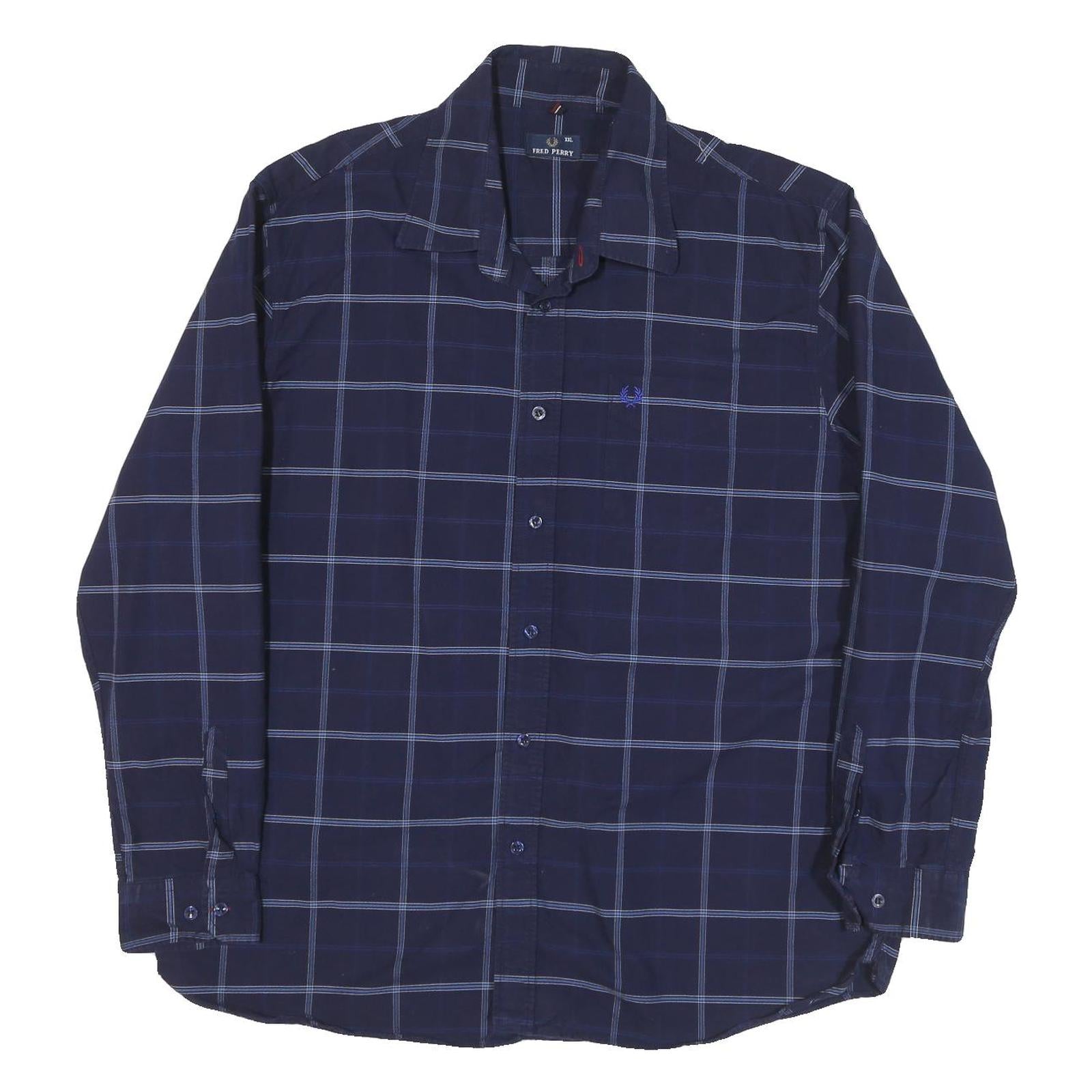 FRED PERRY Mens Blue Shirt XL Cotton Blend Checked Long Sleeve Button Down Refurbished - N/A refurbished available on Cerqular