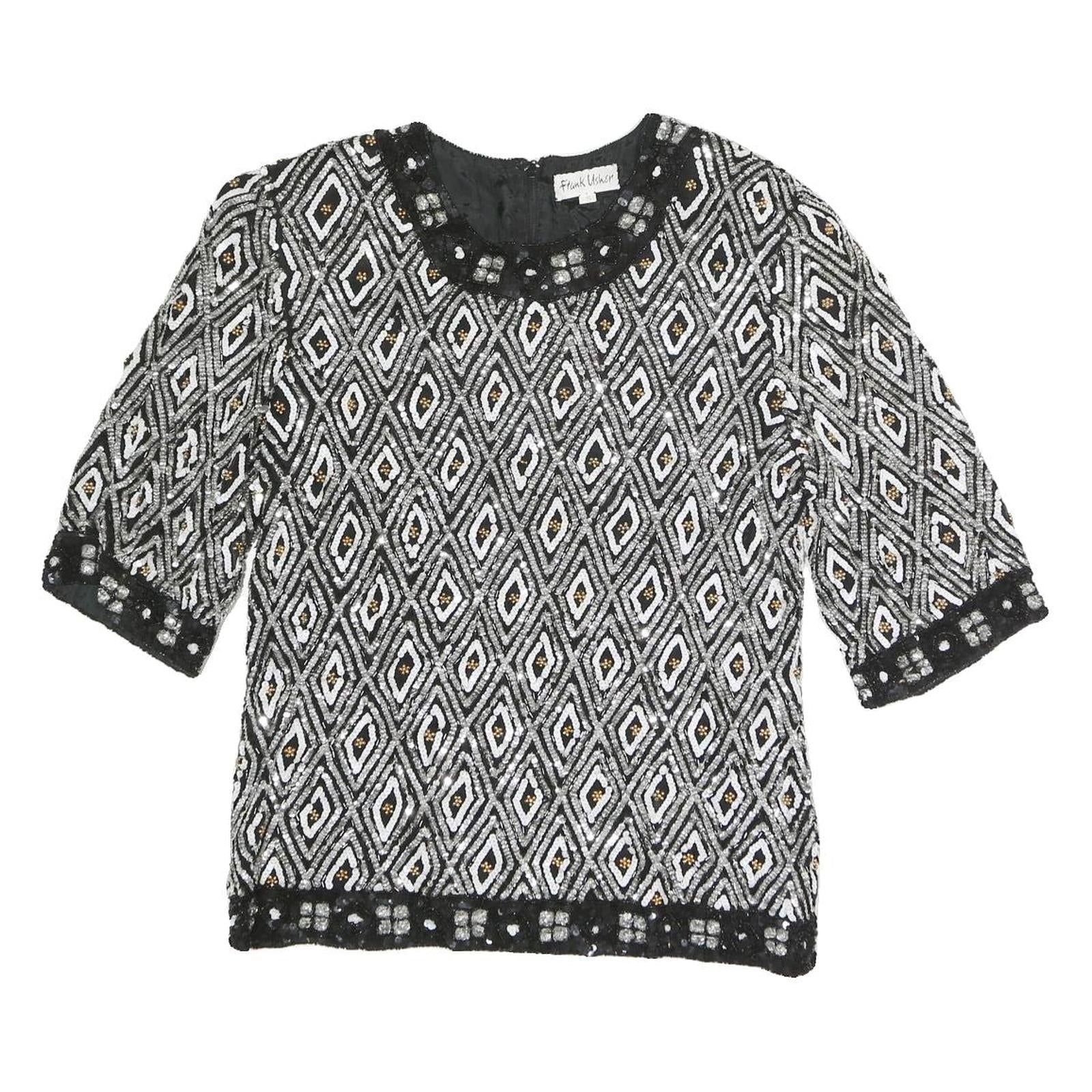 FRANK USHER Womens Black Printed Top Short Sleeve Round Neck S Beaded Refurbished - N/A refurbished available on Cerqular