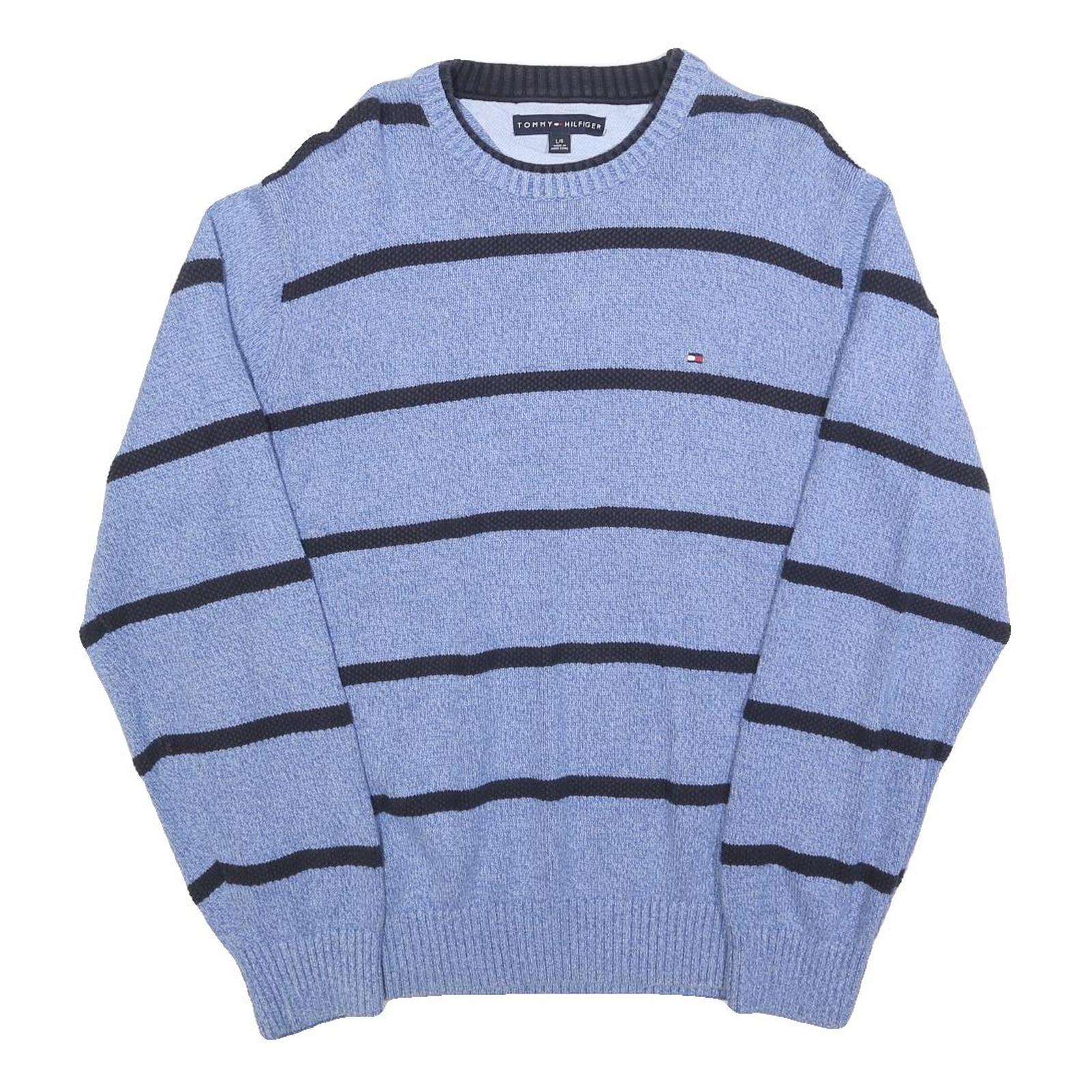 TOMMY HILFIGER Mens Blue & Black Patterned Jumper Crew Neck Basic Knit L Cotton Refurbished - N/A refurbished available on Cerqular