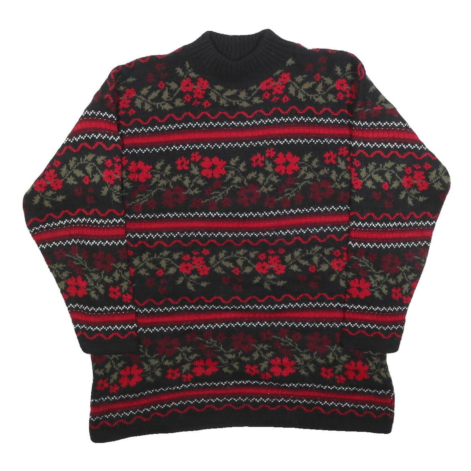BASIC EDITIONS Womens Black & Red Floral Patterned Jumper Crew Neck Basic Knit Refurbished - N/A refurbished available on Cerqular