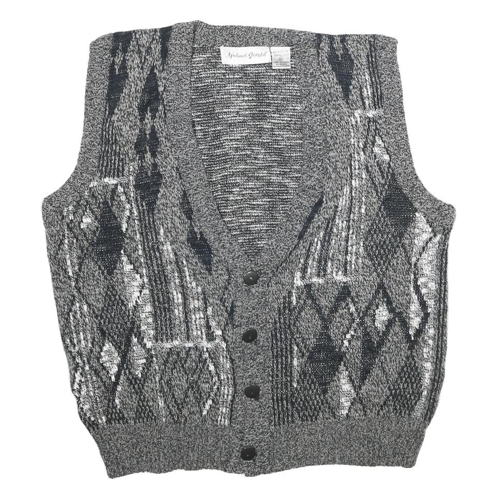 MICHAEL GERARD Mens Grey Patterned Jumper Vest Button Up V Neck Chunky Knit XL Refurbished - N/A refurbished available on Cerqular