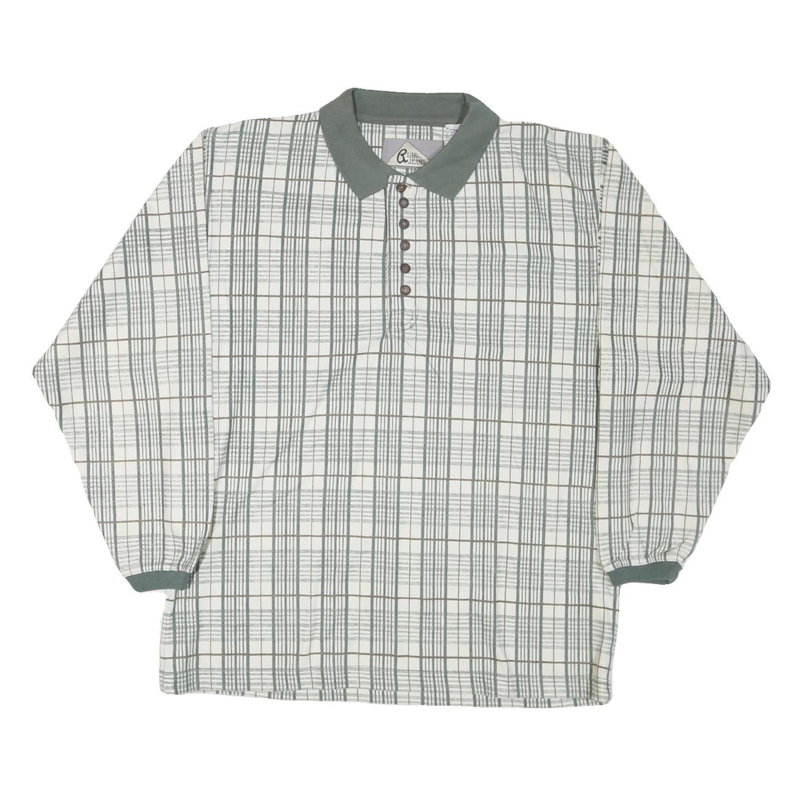 BLUE JEANS Mens White Green Checked Long Sleeve Polo Shirt M Cotton Blend Refurbished - N/A refurbished available on Cerqular