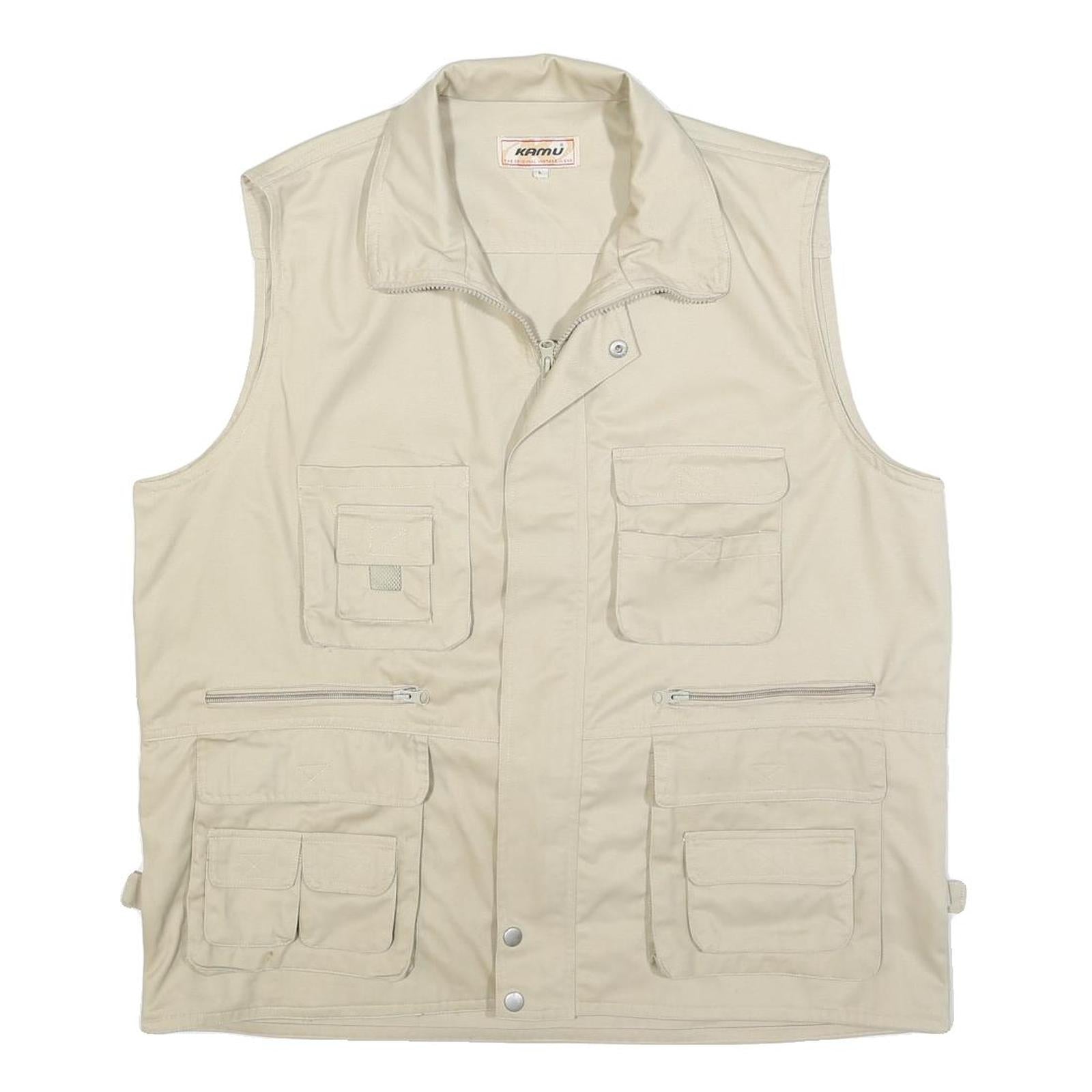 KAMU Mens Beige Cotton Blend Utility Jacket L Zip Vest Pocketed Refurbished - N/A refurbished available on Cerqular