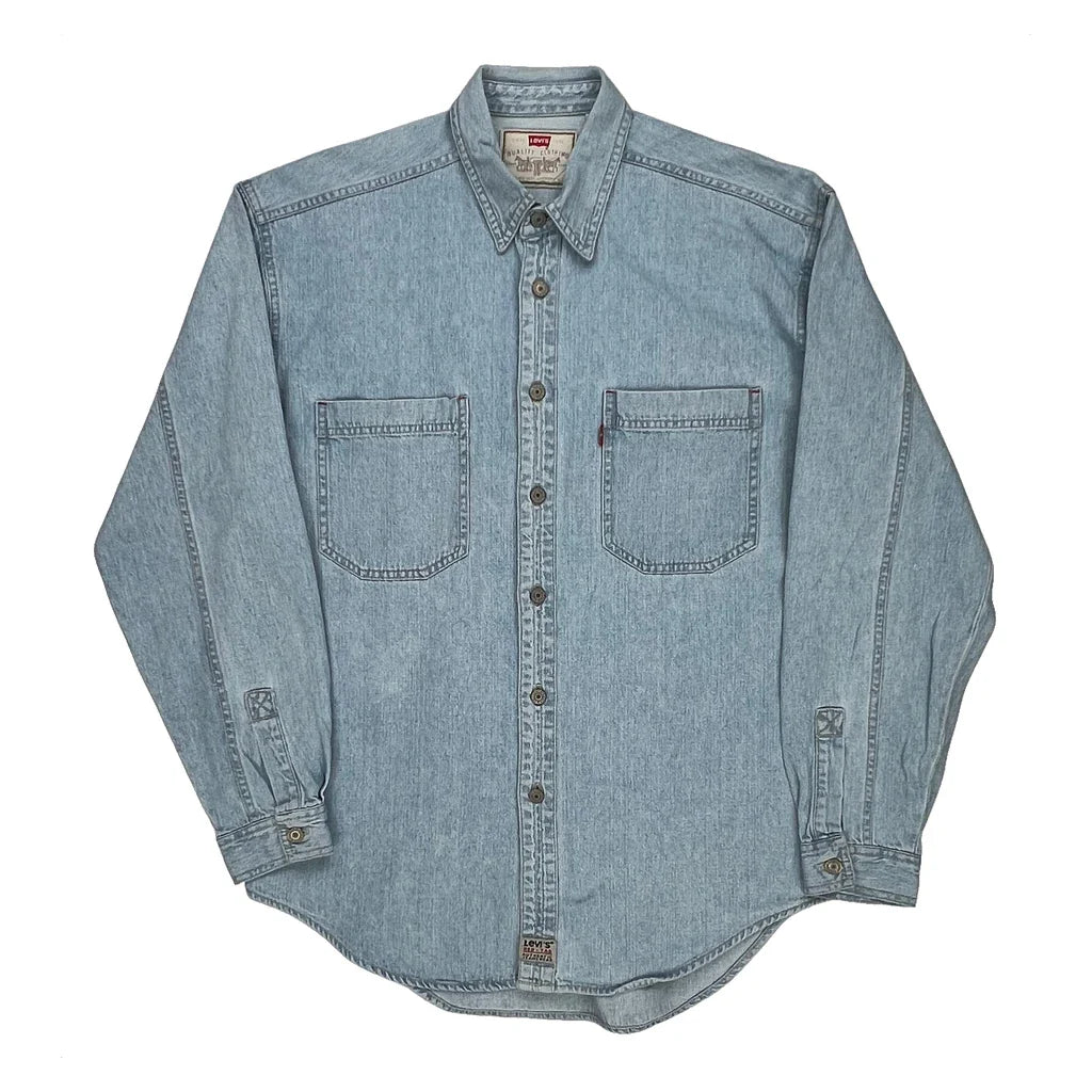 Levis Denim Shirt - Medium Light Wash Cotton Refurbished - Thrifted (note: this is a term often used to describe second- refurbished available on Cerqular